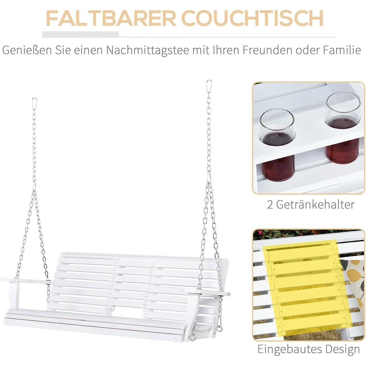 Hängebank Gartenschaukel Schaukelbank mit faltbarem Couchtisch für 2-3 Personen Tannenholz Patio Terrasse Hinterhof komf - 1