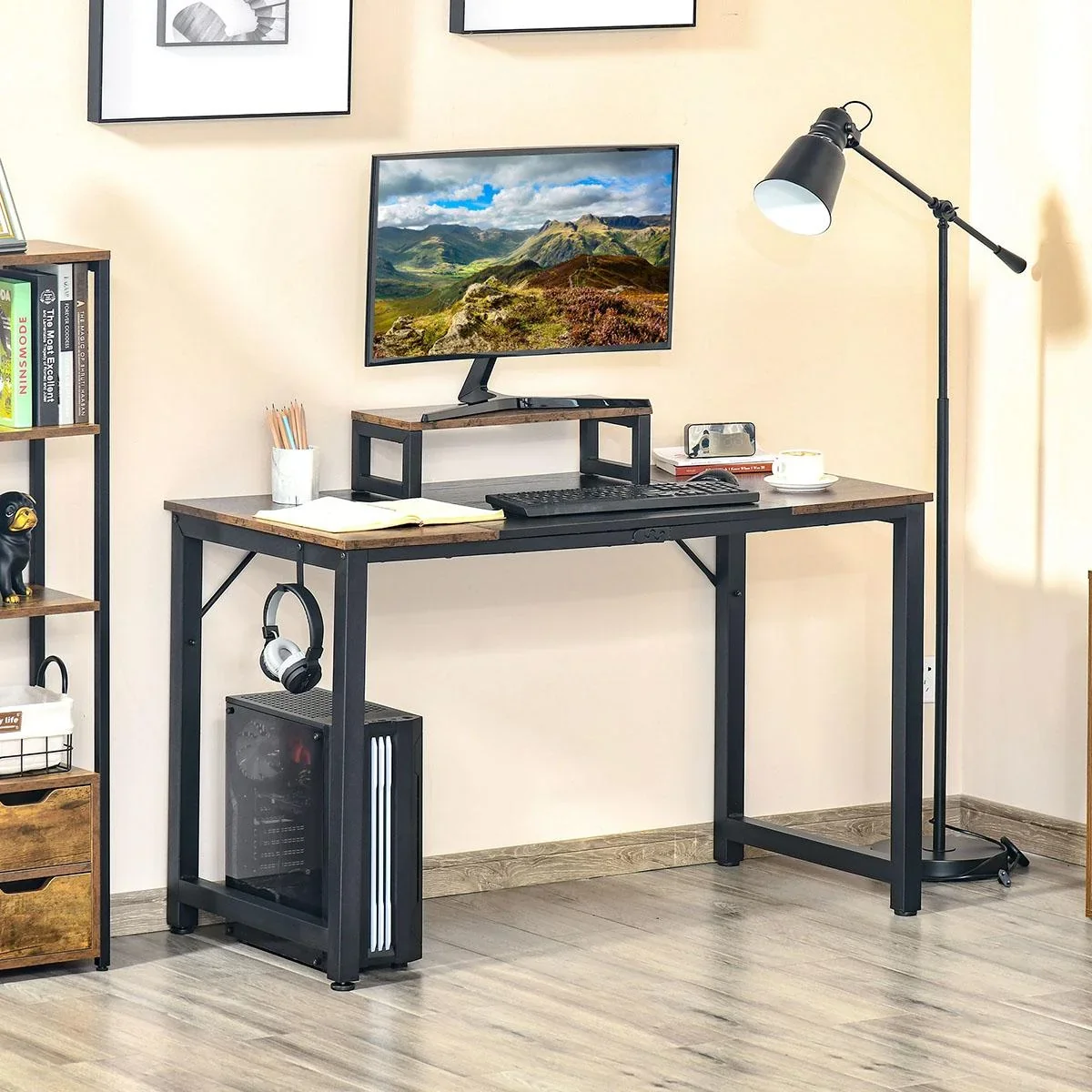Computertisch Schreibtisch PC Tisch Bürotisch Industriestil Spanplatte Metall Rustikales Braun+Schwarz 120 x 60 x 73,5 c - 3