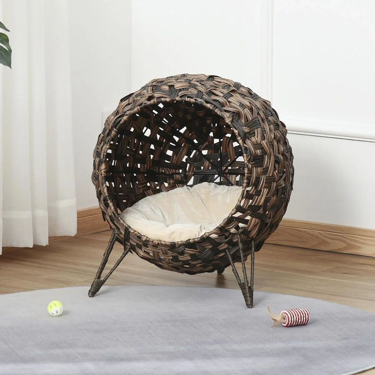 Katzenhaus aus Rattan mit Kissen Katzenshclafplatz Katzenhöhle mit erhöhten Füßen Braun Ø52 x 58 cm - 4