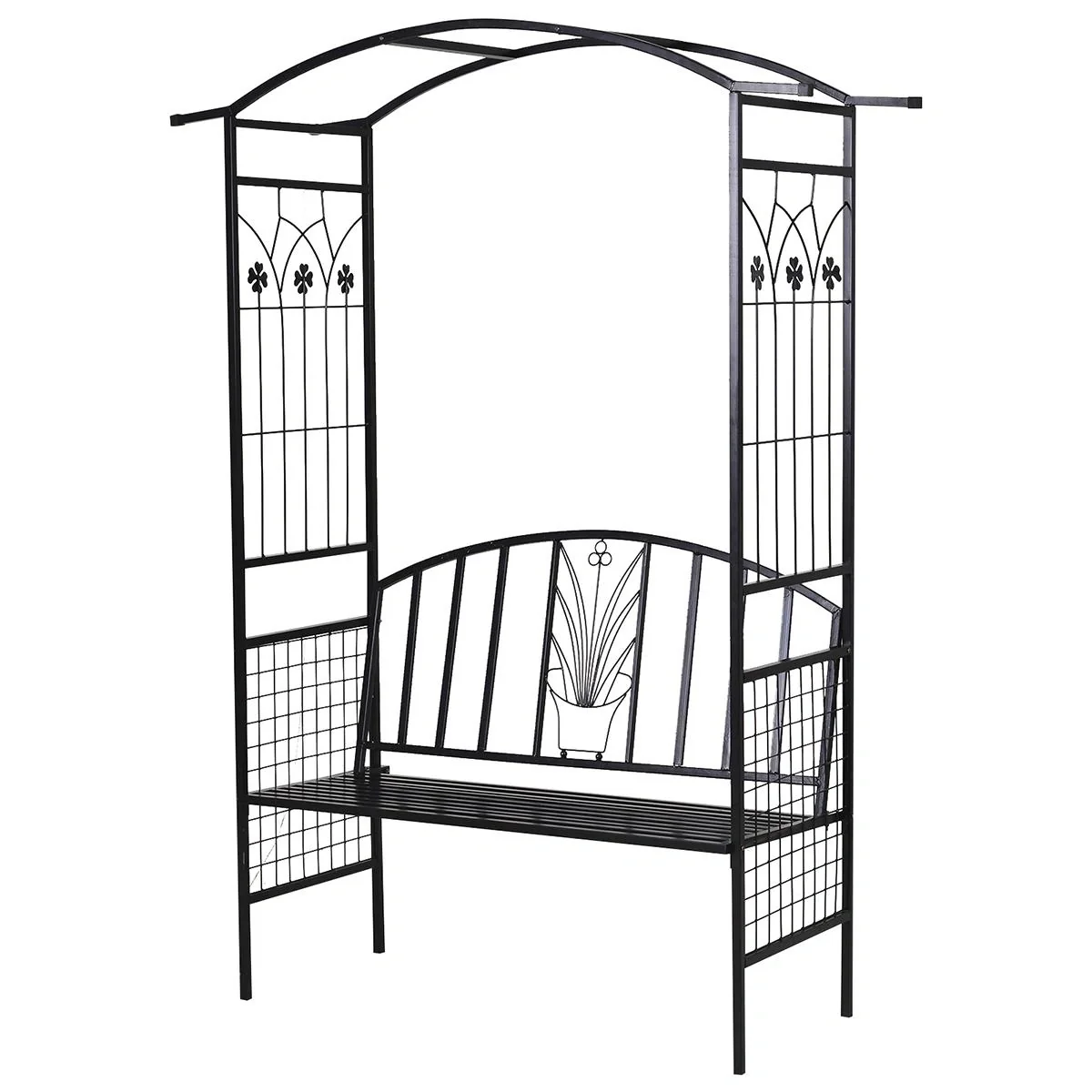 Pflanzbogen mit Bank Sitzbank Torbogen Rankgitter Rankhilfe Garten Bogendach Metall Schwarz 152 x 58 x 207 cm - 4