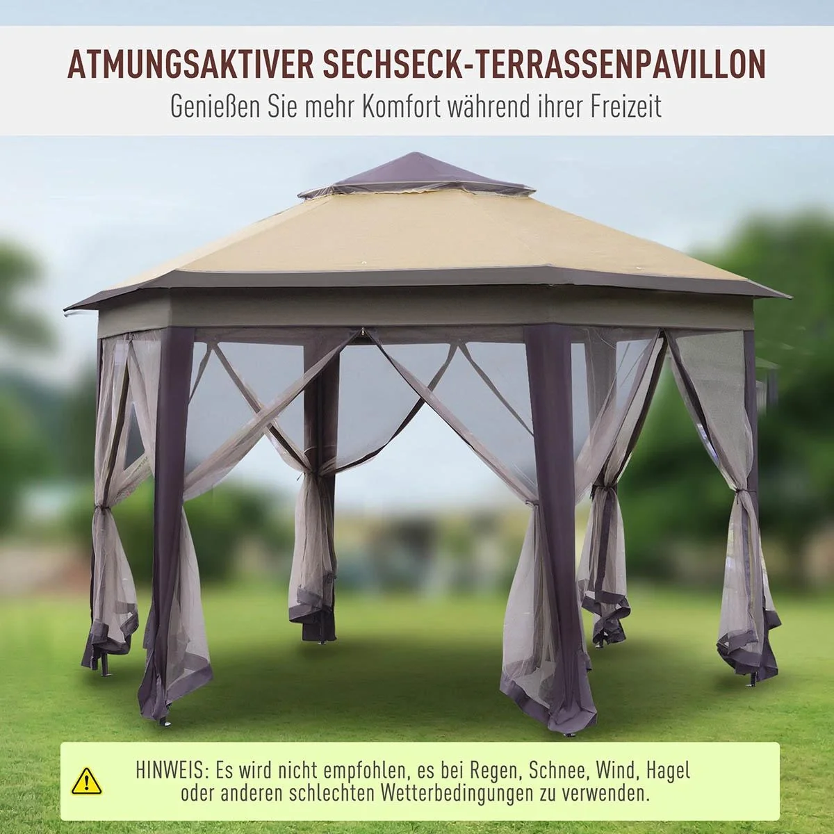 Gartenpavillon Faltpavillon 4 x 4 m Pop-Up-Zelt Partyzelt inkl. Tragetasche 6 Seitenteile Doppeldach sechseckig Kaffee+B - 5