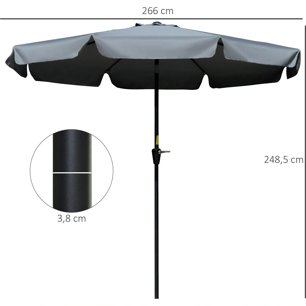 Garten Sonnenschirm Ø2,66 m UV-Schutz 50+ Garten Sonnenschirm 8 Rippen Verstellbar Dunkelgrau - 4