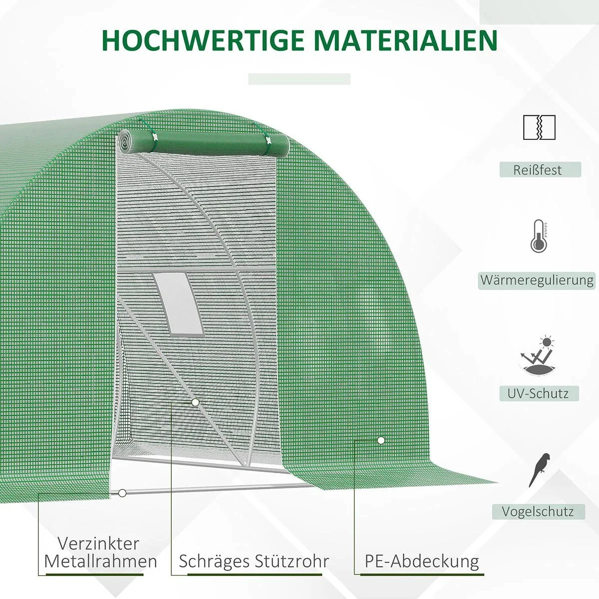 Foliengewächshaus begehbares Polytunnel 3 x 3 m Gewächshaus mit 4 Fenster Treibhaus Frostschutz Stahlrohr Dunkelgrün - 5