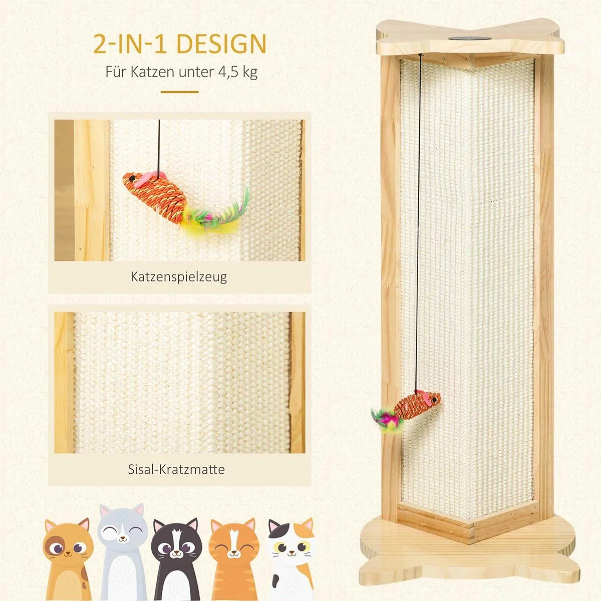 Eck-Kratzbrett Katzenkratzbrett für Wand oder Ecken 62 cm Höhe Wandkratzbrett mit hängendem Spielzeug Sisal Kiefernholz - 5