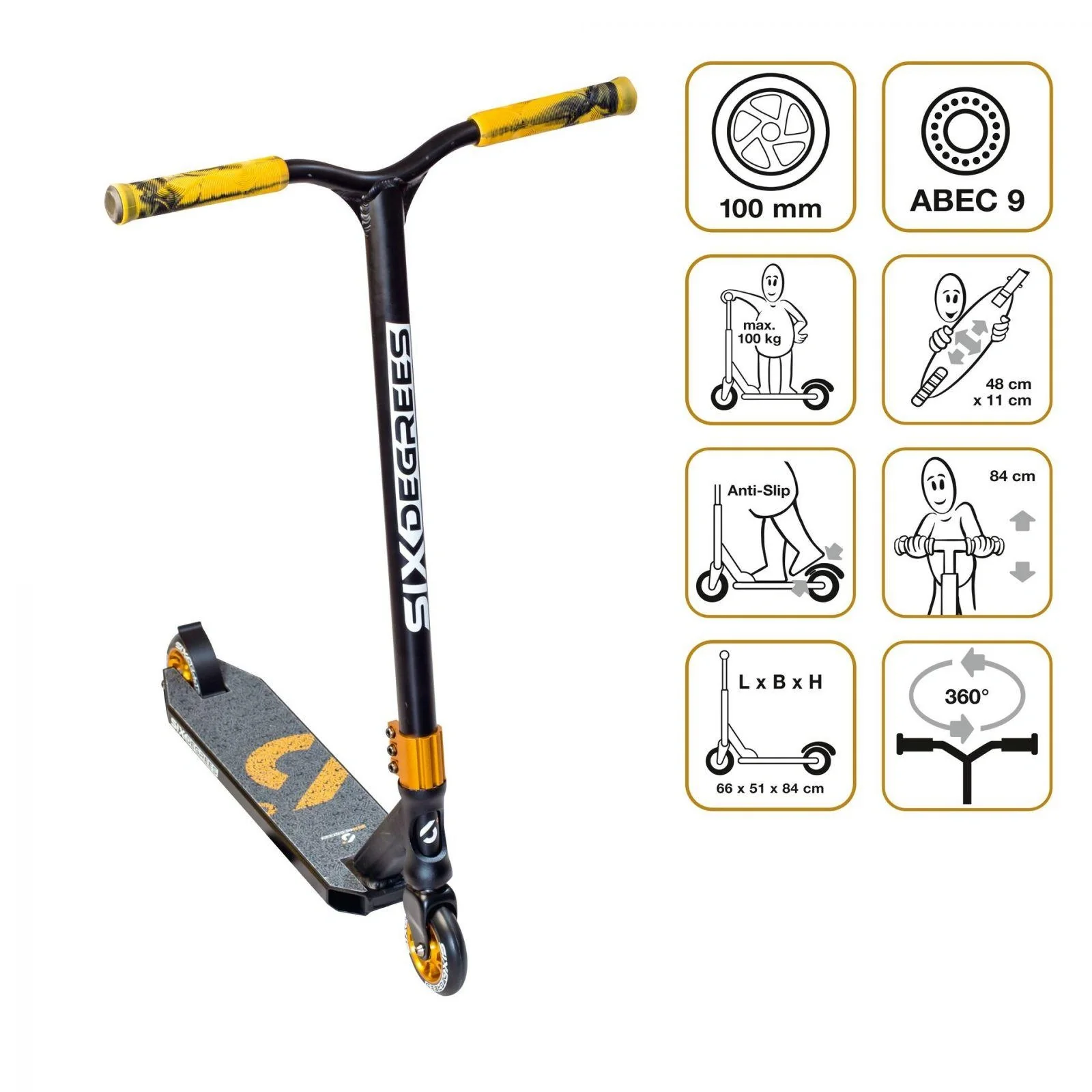 Stuntscooter mit verstärktem Wing-Lenker, HIC Compression, 100 mm, ABEC 9, 360° Lenkung, schwarz-kupferbraun - 5
