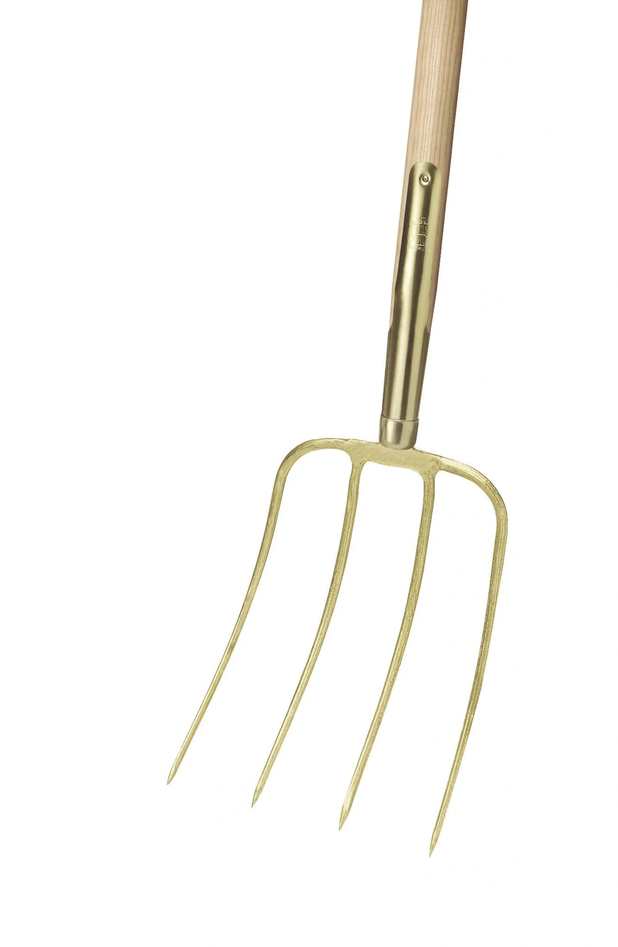 Dunggabel, 4 Zinken, Nord, goldfarben lackiert, Schienenzwinge, Eschen-Langstiel 135 cm - 1