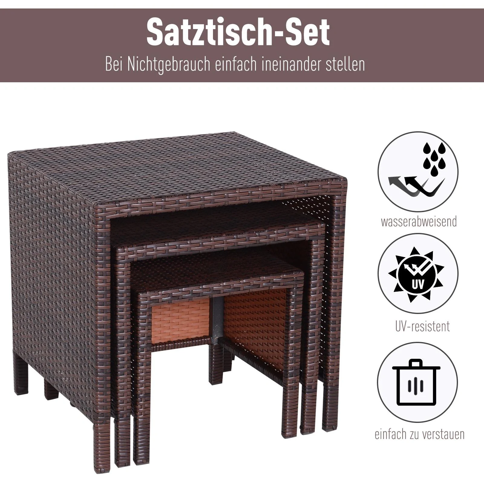 Beistelltisch 3er Set Couchtisch Gartentisch Satztisch Balkontisch Polyrattan Braun - 8