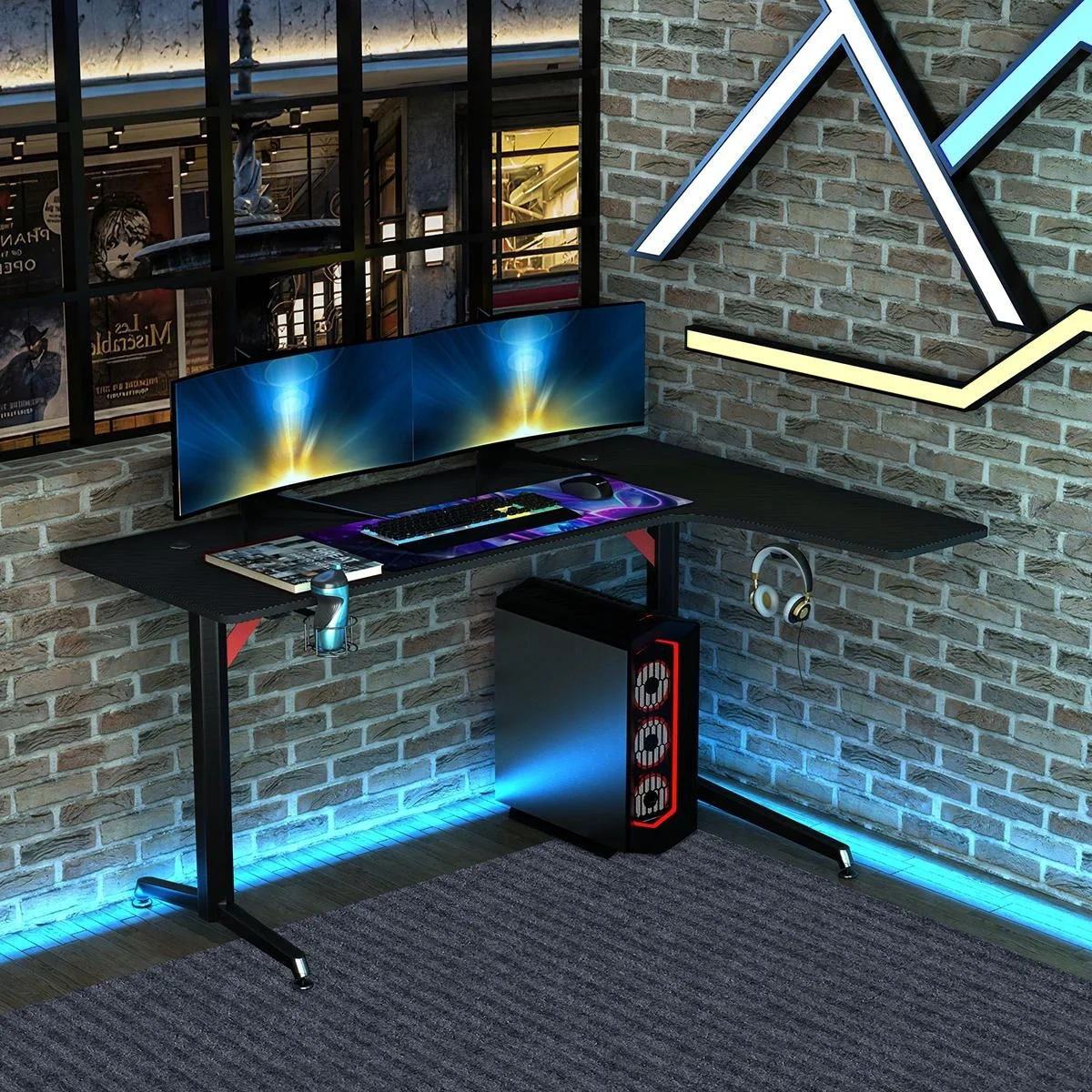 Gaming Tisch PC Tisch Schreibtisch mit Kopfhörerhaken Getränkehalterung Computertisch Metall MDF Schwarz+Rot 157 x 111,8 - 4