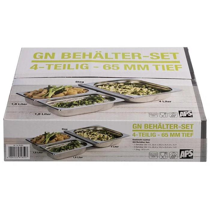 GN Behälter-Set, 4-teilig bestehend aus: Edelstahlbehälter 1x GN 1/2 + 2x GN 1/4 + 1 Adapter - 2