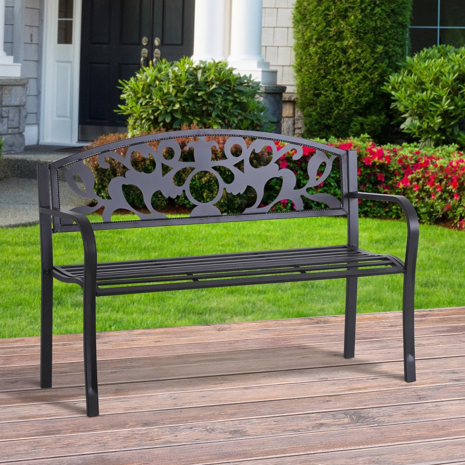 2-Sitzer Sitzbank Gartenbank Metallbank mit Armlehne Landhausstil Metall Schwarz 128 x 50 x 91 cm - 7