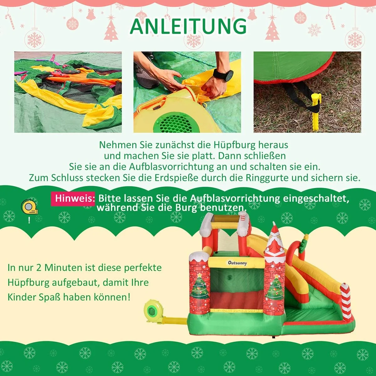 Weihnachten Aufblasbare Hüpfburg für 3 Kinder Springburg mit Gebläse für 3-8 Jahre Rot+Grün+Weiß 290 x 280 x 220 cm - 5