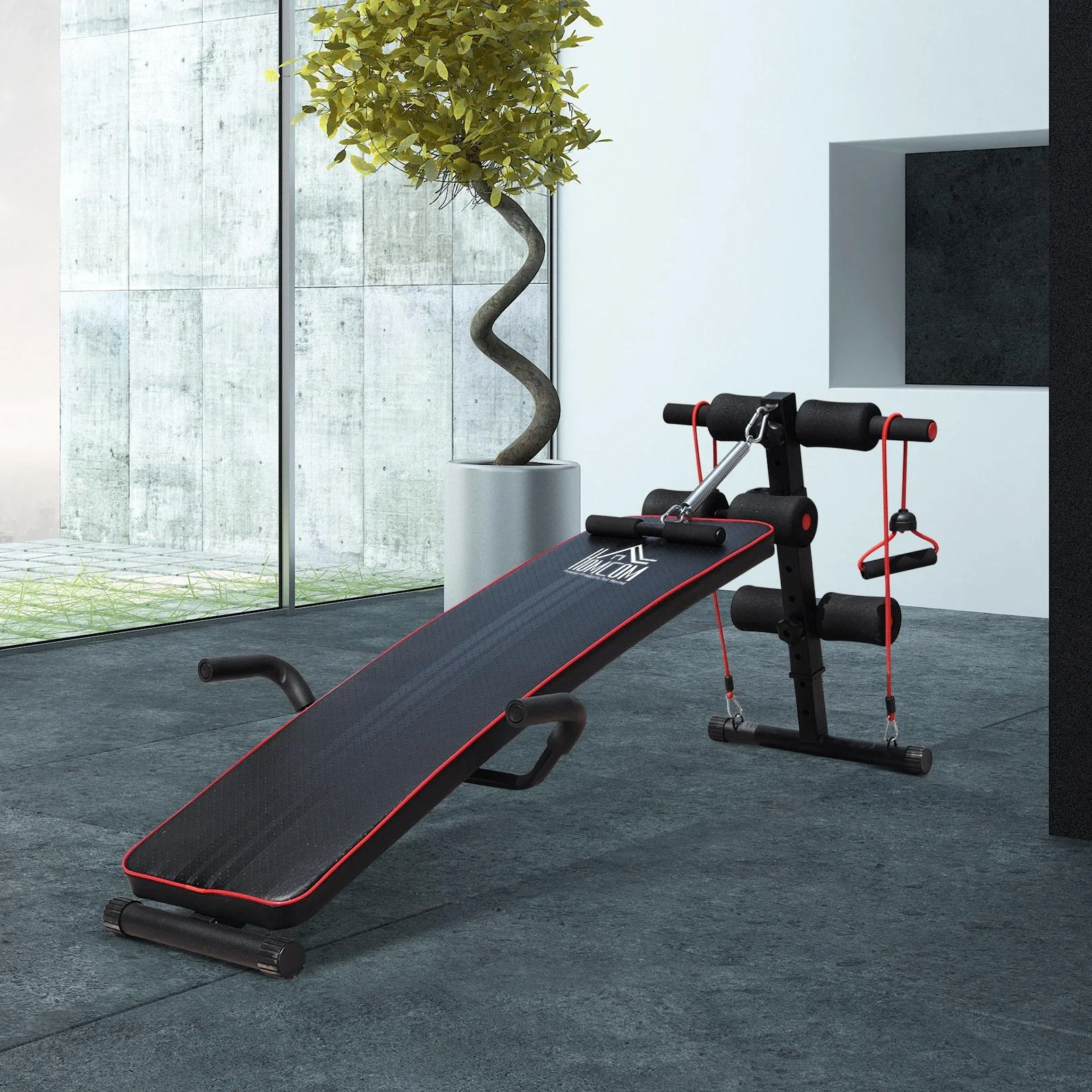 Sit Up Bank Bauchtrainer Trainingsbank Widerstandsbänder Stahl + PVC Schwarz + Rot 56,5 x 135 x (50 68) cm - 9