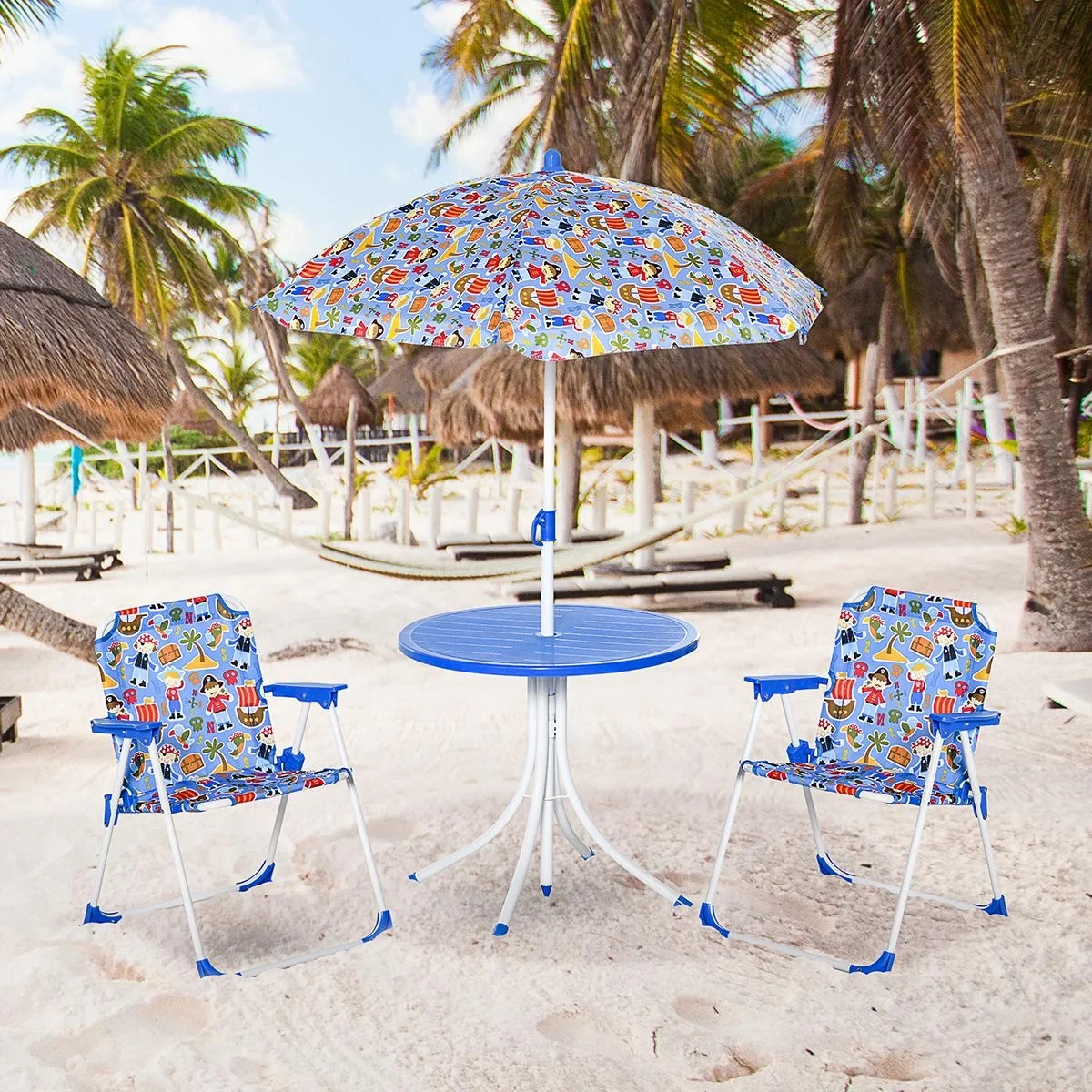 4tlg. Kindersitzgruppe Gartentisch 2 Klappstühle Sonnenschirm Camping Kindersitzgarnitur Gartenmöbel für 3-5 Jahre Blau - 4