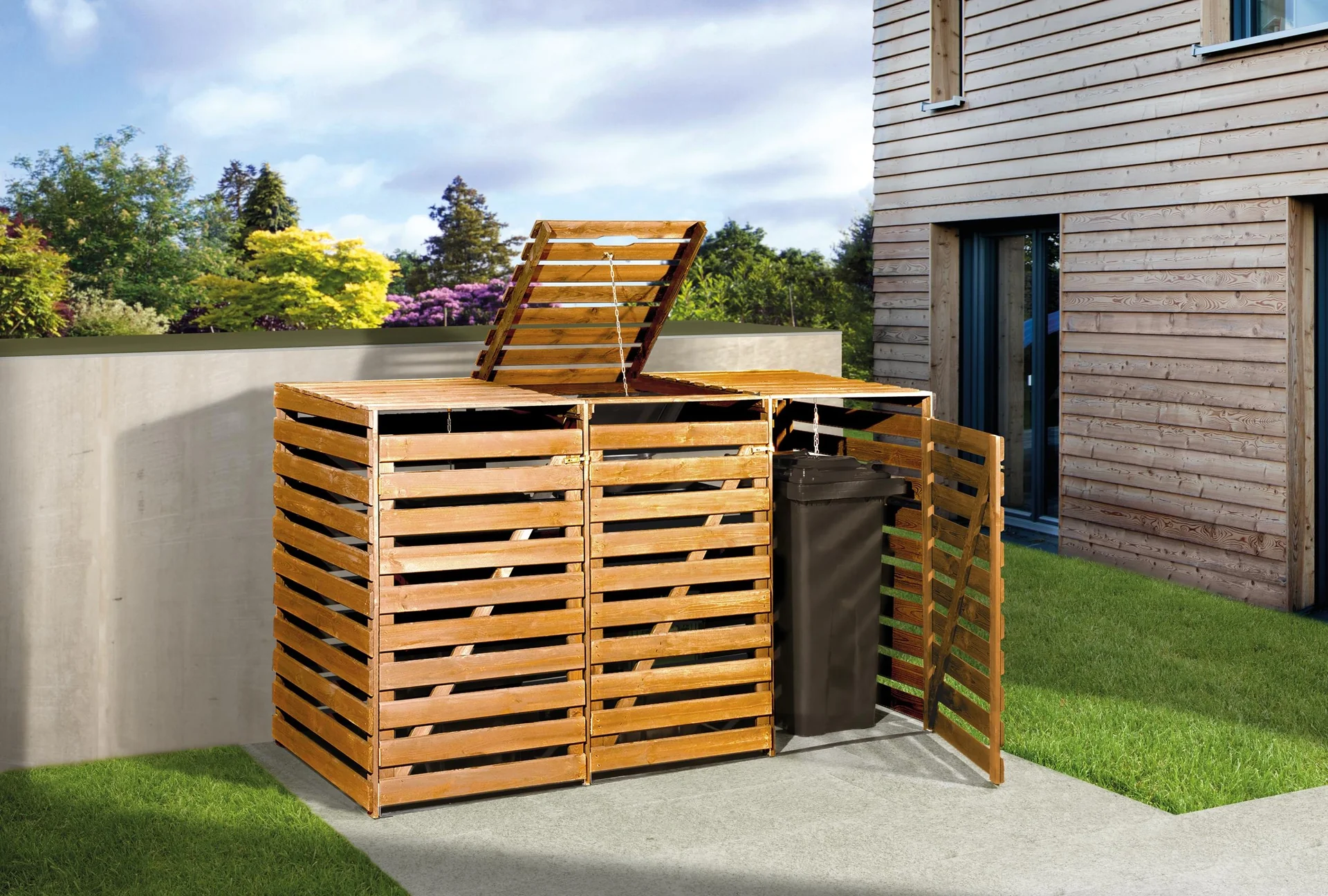 Mülltonnenbox für 3 Tonnen a 240 L, honigbraun imprägniert - 4