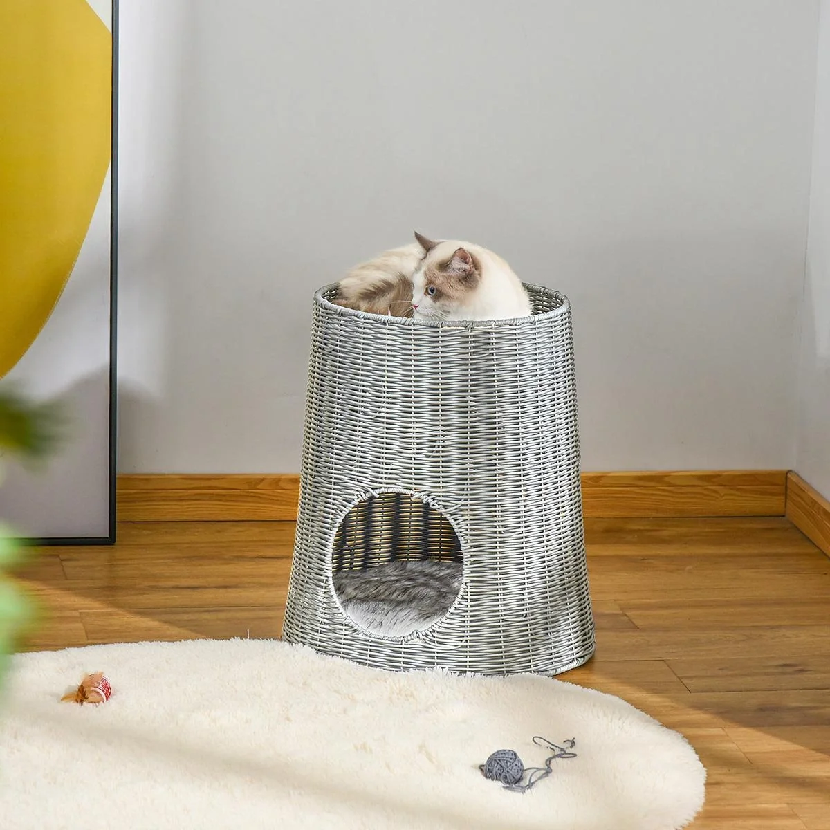 zweistöckiges Katzenhaus Katzenbett Katzenhöhle Katzenkorb mit 2 Kissen Weidenkorb mit Liegedach geschlossenes Design ha - 4