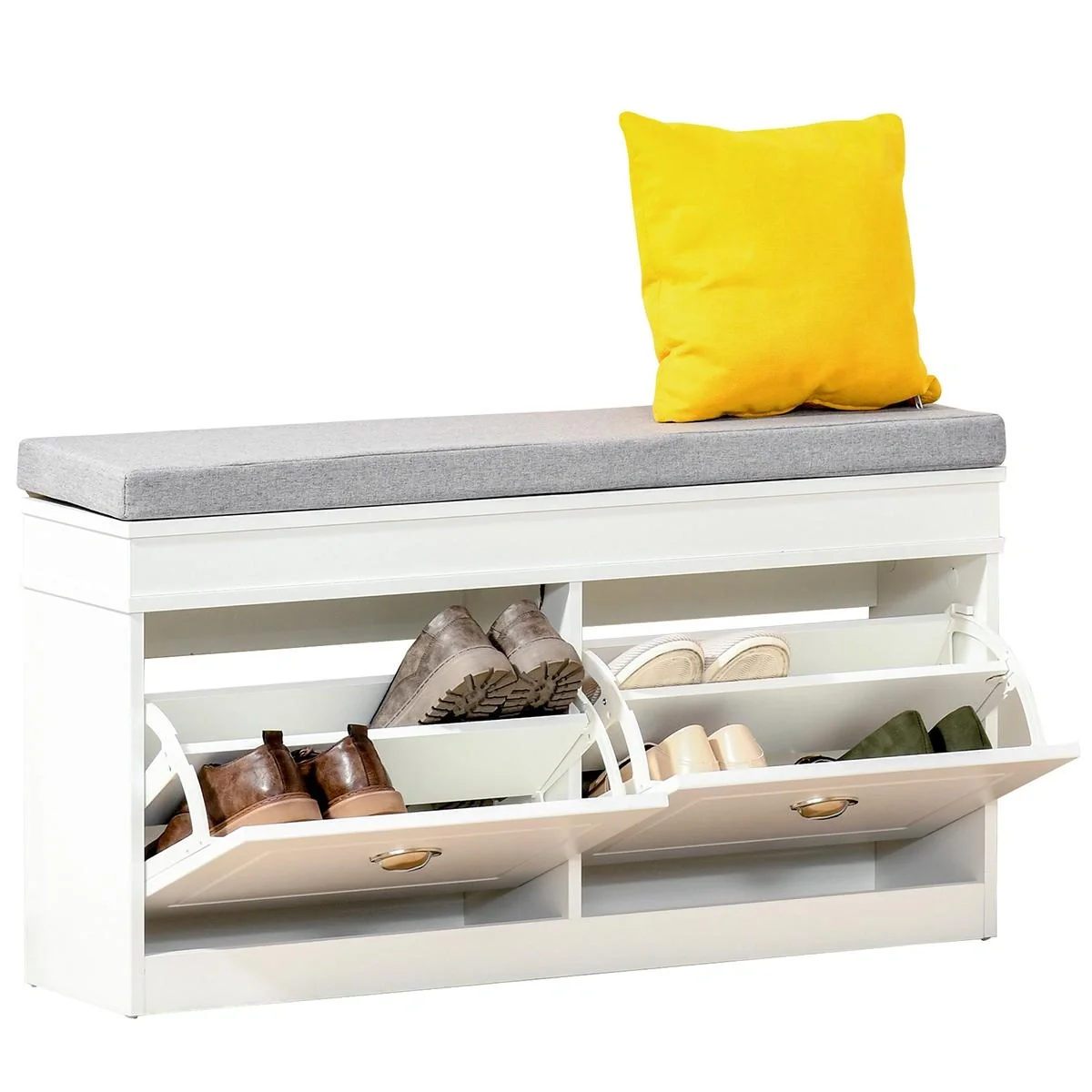 Schuhregal Schuhbank mit Kissen und 2 Schubladen Spanplatte MDF Polyester Schaumstoff Weiß+Grau 104 x 24 x 55 cm - 4