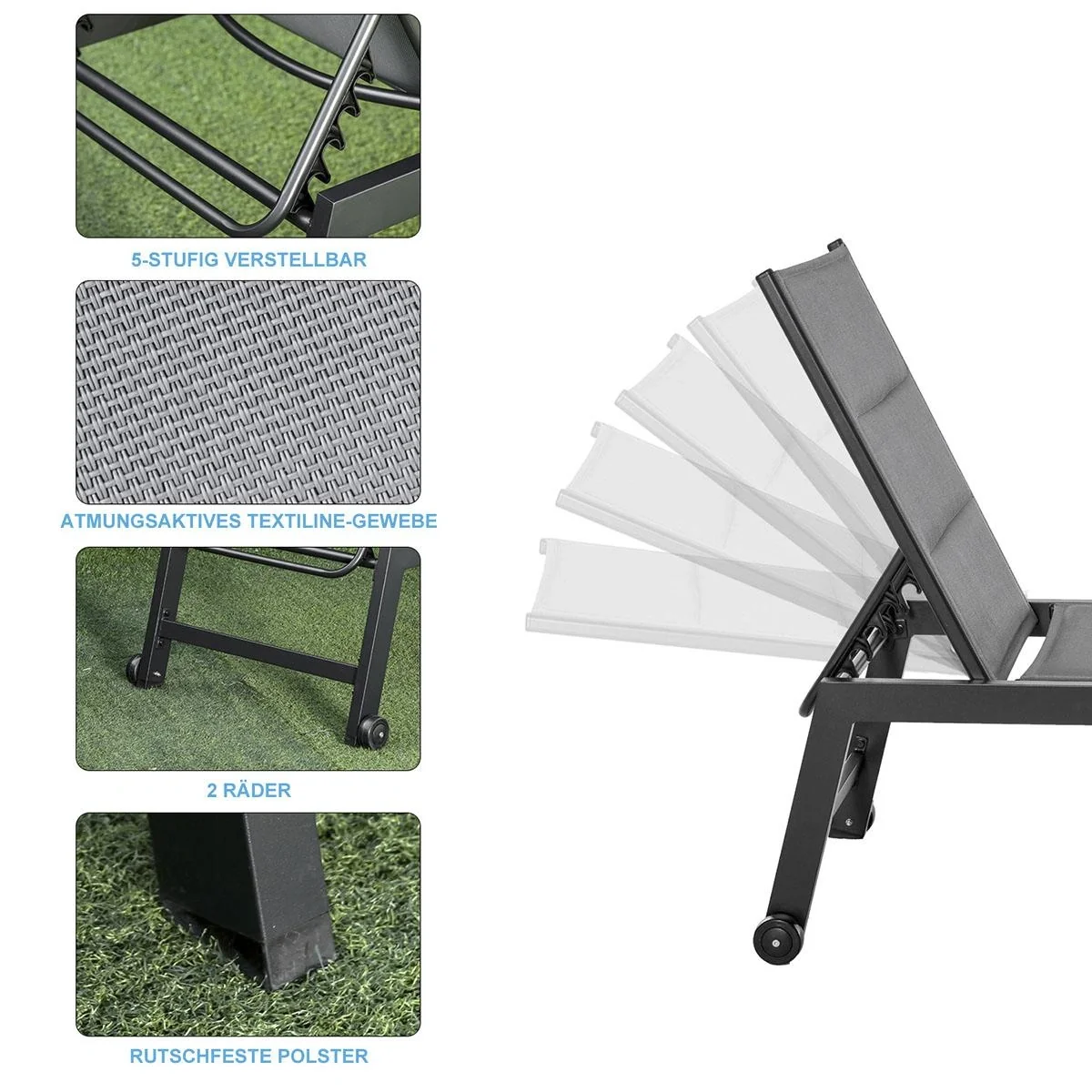 Sonnenliege Alu Gartenliege Relaxliege Garten 5-stufige Rückenlehne verstellbar Stahl Texteline Schaumstoff Grau 168 x 7 - 6
