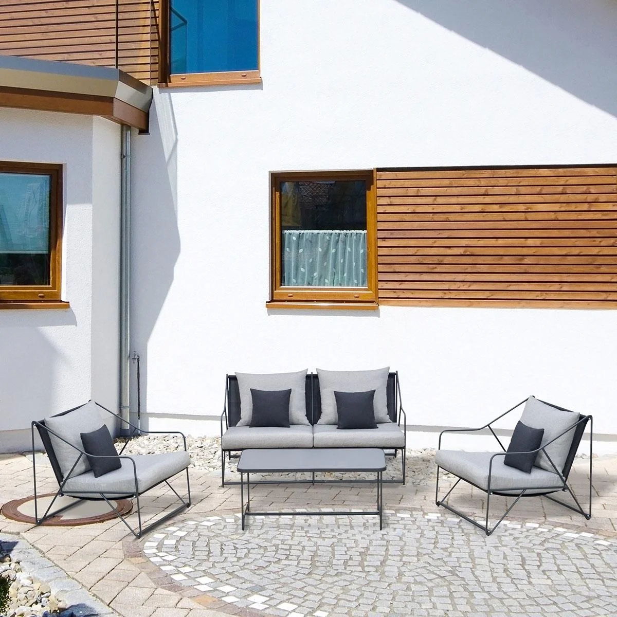 4-tlg. Gartengarnitur Gartenmöbel-Set Gartenliege Gartenset Sitzgruppe mit Couchtisch Sofa mit Kissen Outdoor Metall Gra - 4