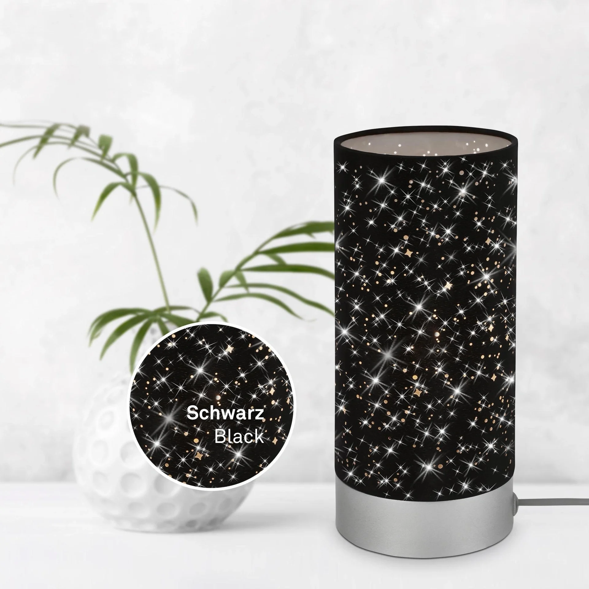 STEA Tischleuchte, matt- chrom, Stoff schwarz mit Sternendekor, Kabelschalter, E14 Fassung - 6