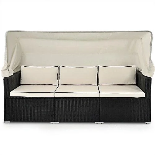 Polyrattan Sofa - Schwarz-Creme - 210x70x70cm - Mit Sonnendach - 8