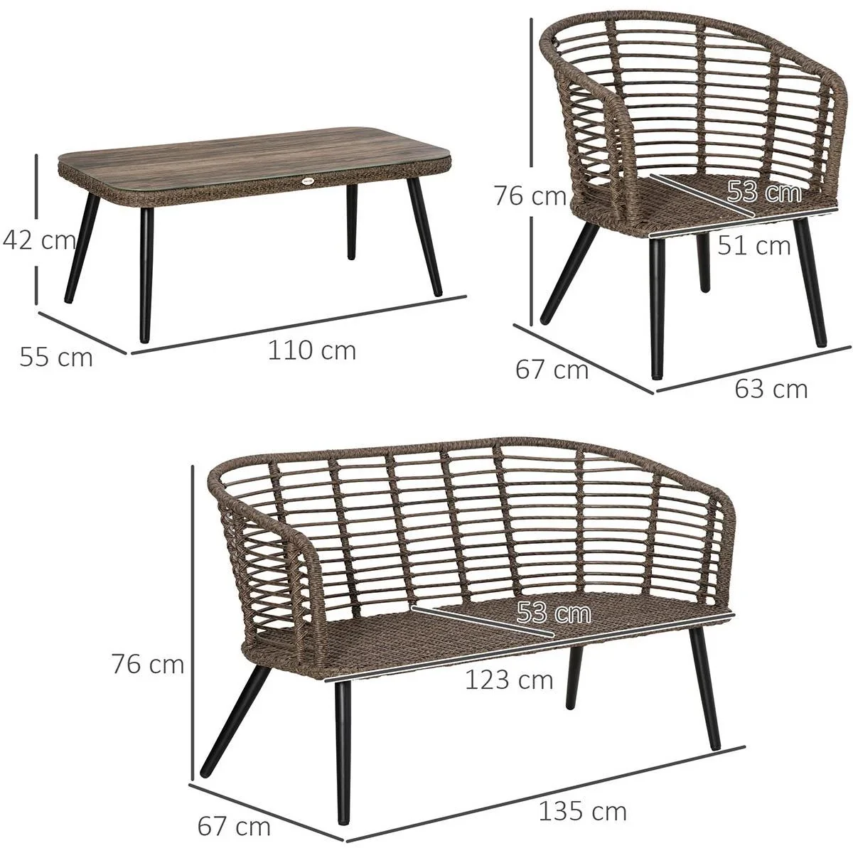 Polyrattan Gartenmöbel Set 4-teiliges Rattensofa-Set Sitzgruppe Sitzgarnitur für Pause Lounge Teetisch mit Sofa Kissen S - 2