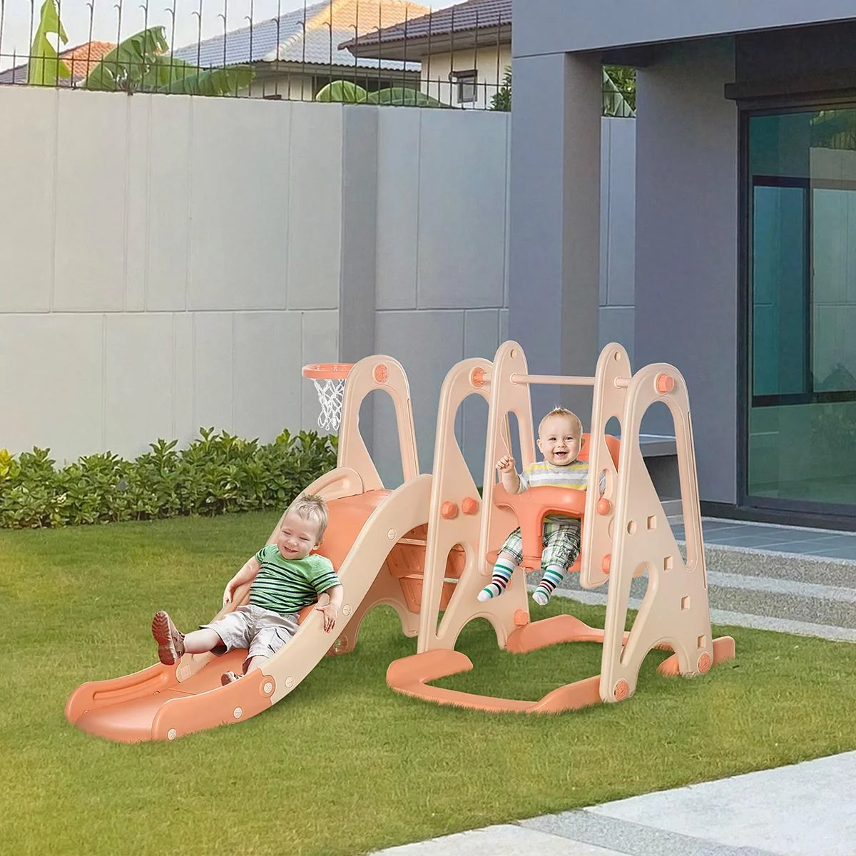 3 in 1 Spielturm mit Kinder Rutsche Basketballkorb Schaukel Leiter Spielzeug Gartenrutsche Babyrutsch für 18 Monate-5 Ja - 4