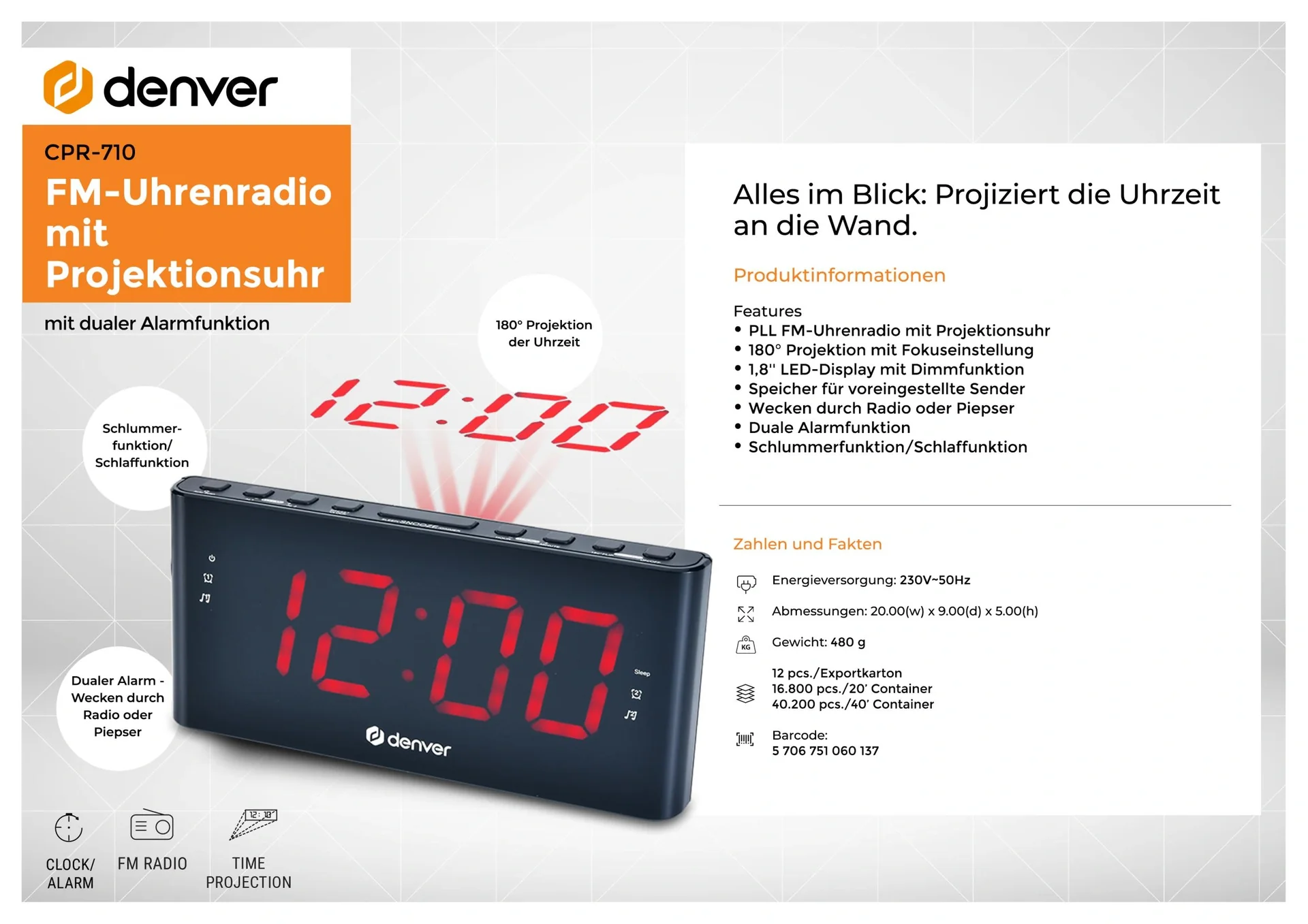 UKW-Radio mit 180 Grad Zeitprojektion und 2 Weckzeiten - 2