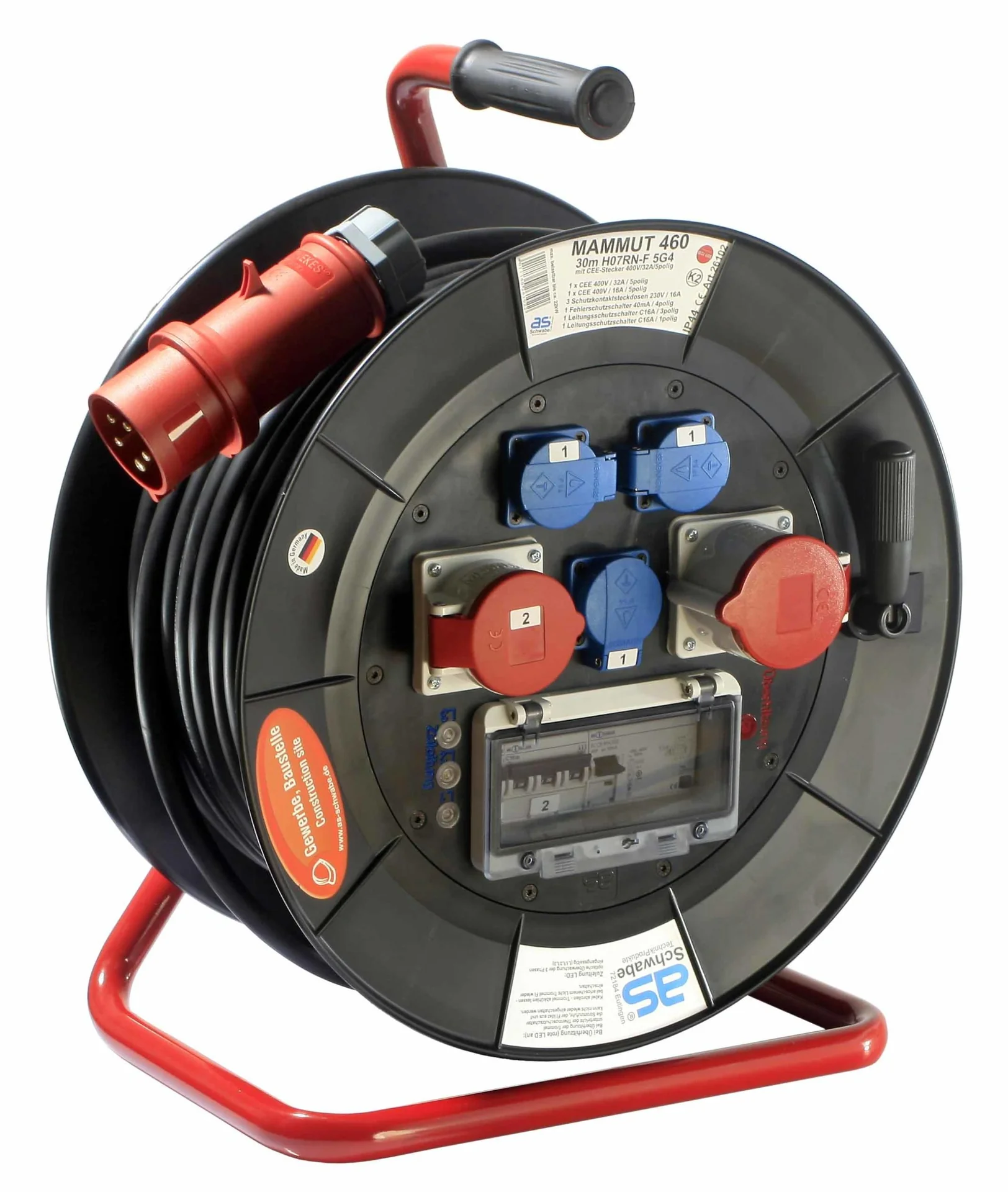 Profi-Trommel Mammut 460 Version 3, 30m, 3 Steckdosen 230V, 1+1-CEE Steckdosen, mit Trage- und Fußgestell - 2