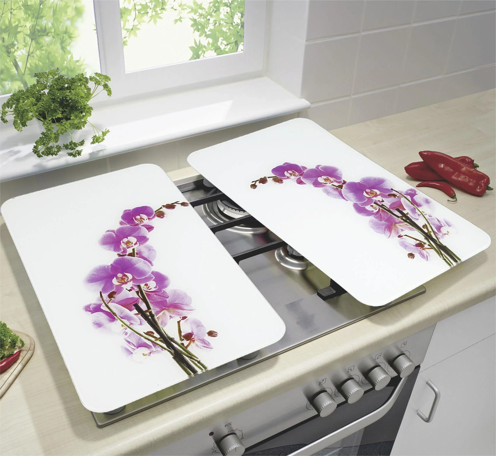 3 in 1 Herd-Abdeckplatten, Schneidbretter, Arbeitsplatten, Glas, Orchideen-Design, je 52 x 30 cm, 2er-Set - 6