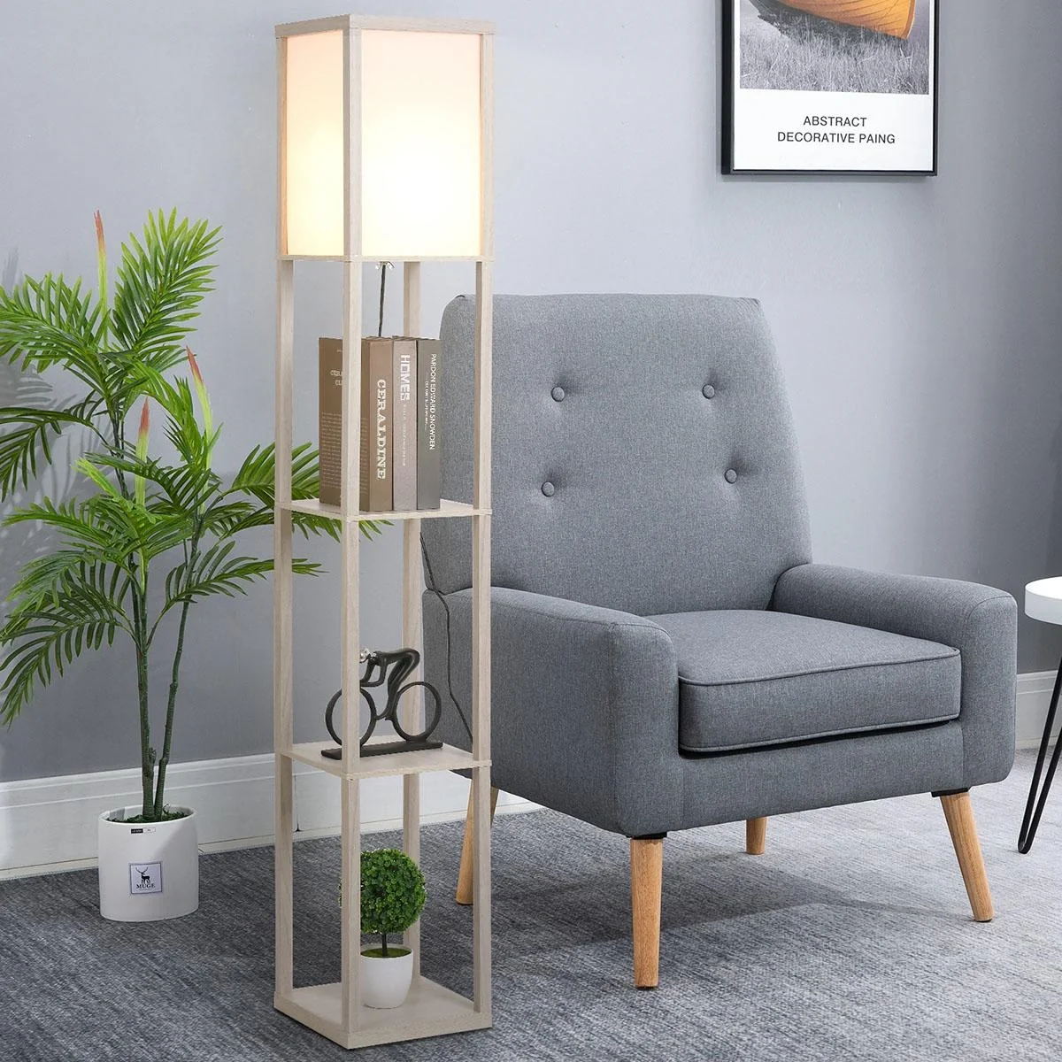 Stehleuchte Stehlampe mit 3 Regalen Innenbeleuchtung E27 bis 40W für Wohn-/Schlafzimmer E1-MDF, Acryl Eiche+Weiß 26 x 26 - 4