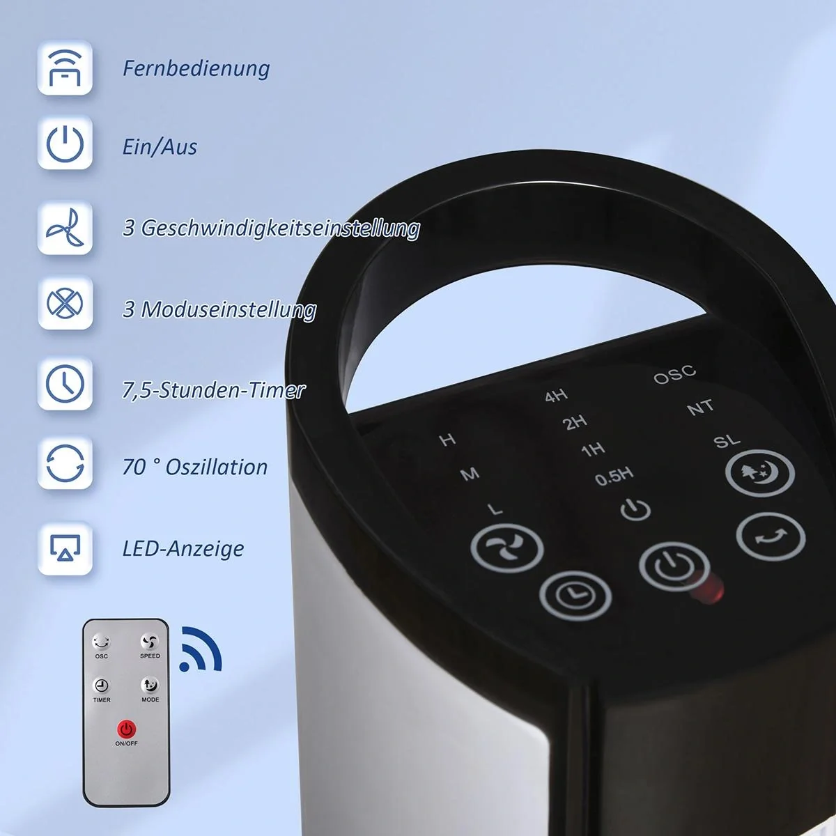 Turmventilator mit Fernsteuerung 70° Oszillierender Standventilator 78,5cm 50W 3 Modi & 3 Geschwindigkeiten Schwarz+Weiß - 5