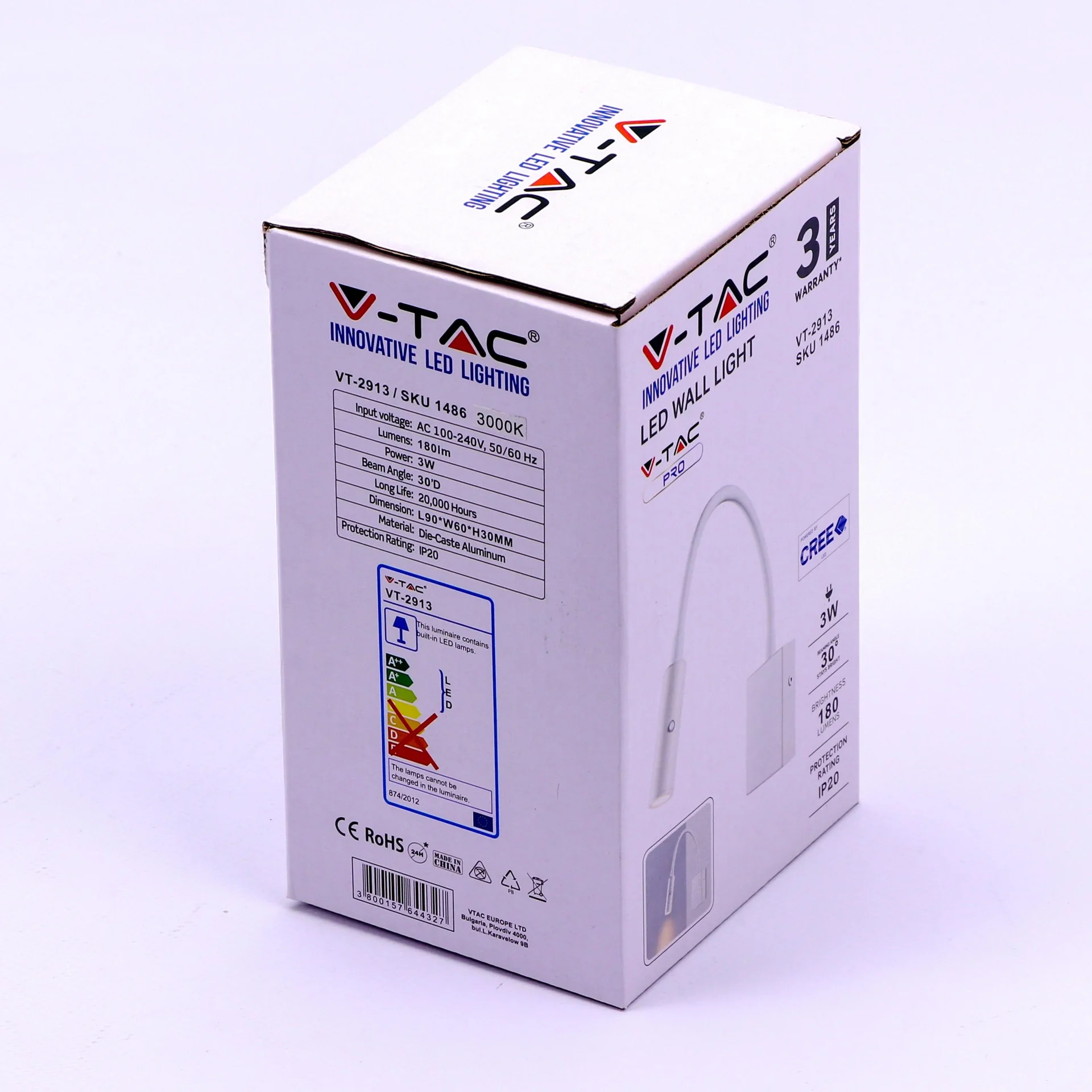 VT-2913 LED Leseleuchte - Wandleuchte - Weiß - 3W - 180 Lumen - 3000K - Ideal für neben Ihrem Bett - 3