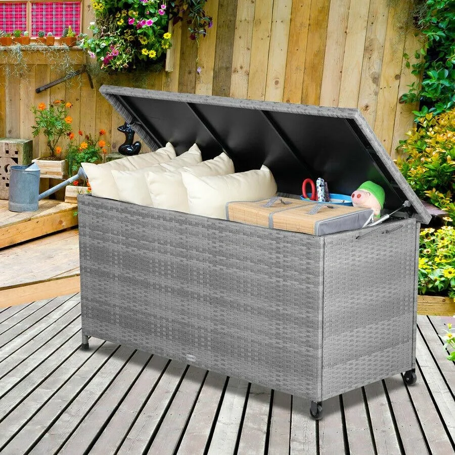 Aufbewahrungsbox Garten Poly Rattan Wasserdicht rollbar grau 122x56x61 cm - 8
