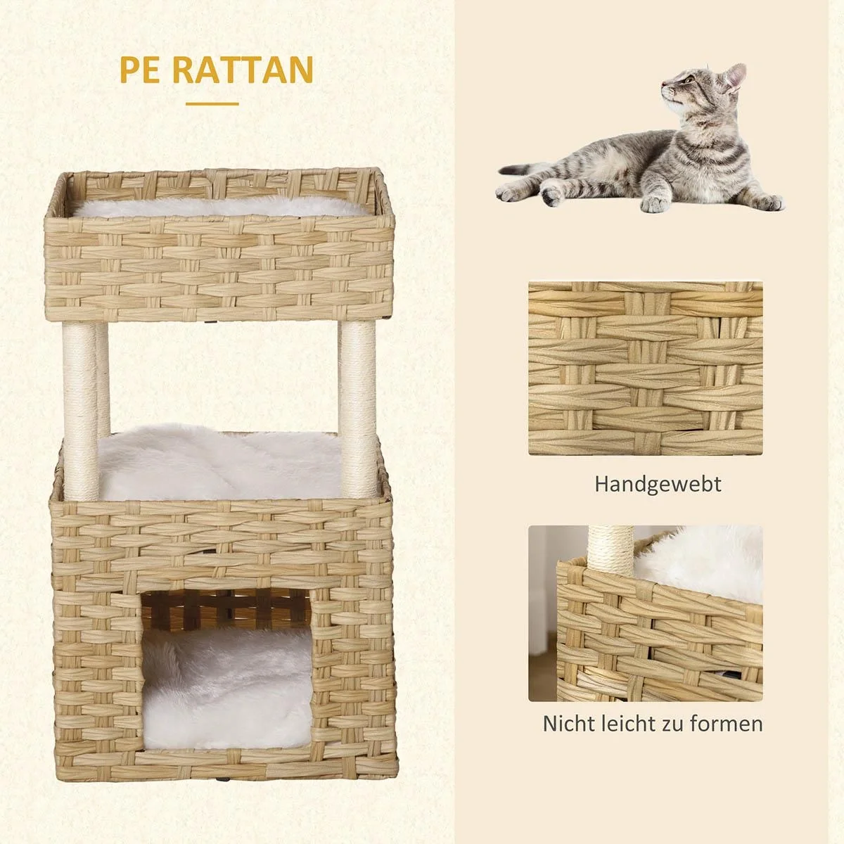 Rattan Katzenkorb 3-stöckiges Katzenbett Katzenhöhle Katzenturm mit 3 Kissen Liegedach Sisal Natur 40 x 40 x 70 cm - 5