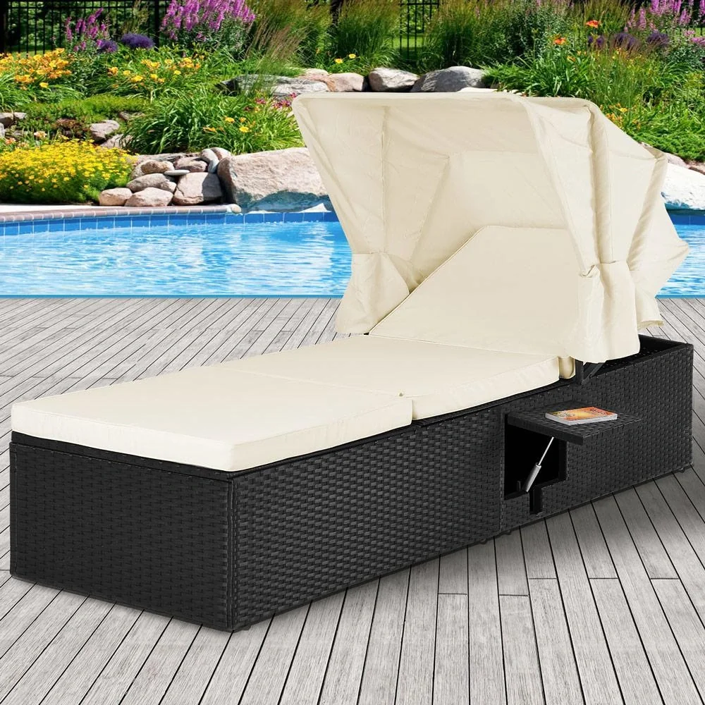 Liege mit Schiebedach Polyrattan schwarz/cremeweiß 195 x 60 x 39/145cm - 6