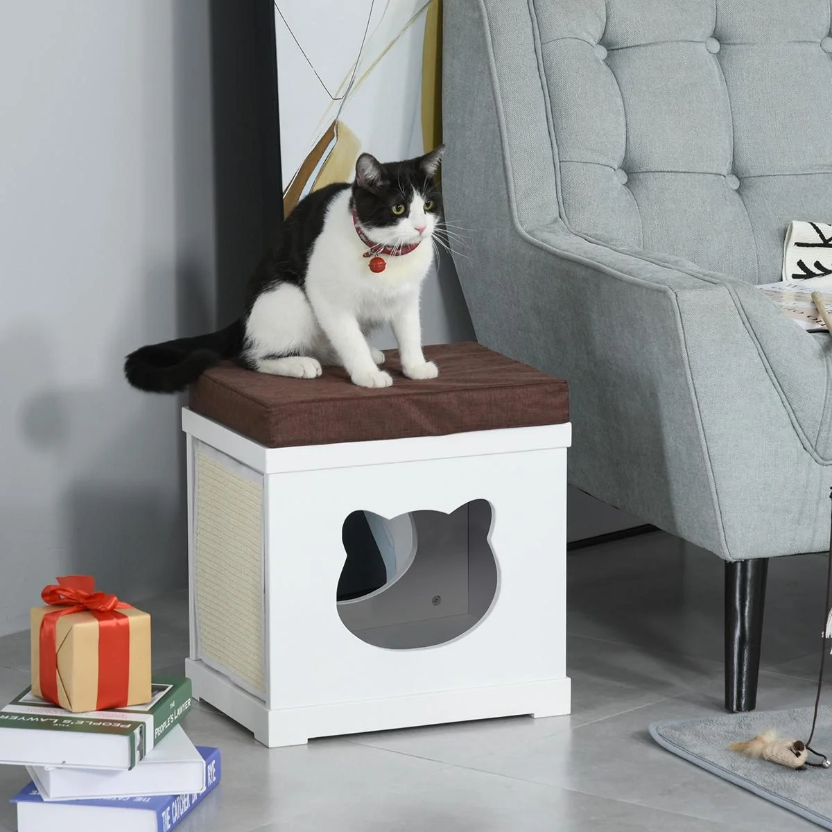 Katzenhaus Sitzhocker Hocker 2 In 1 Katzenhöhle Katzenwohnung MDF Weiß 41 x 30 x 36 cm - 4