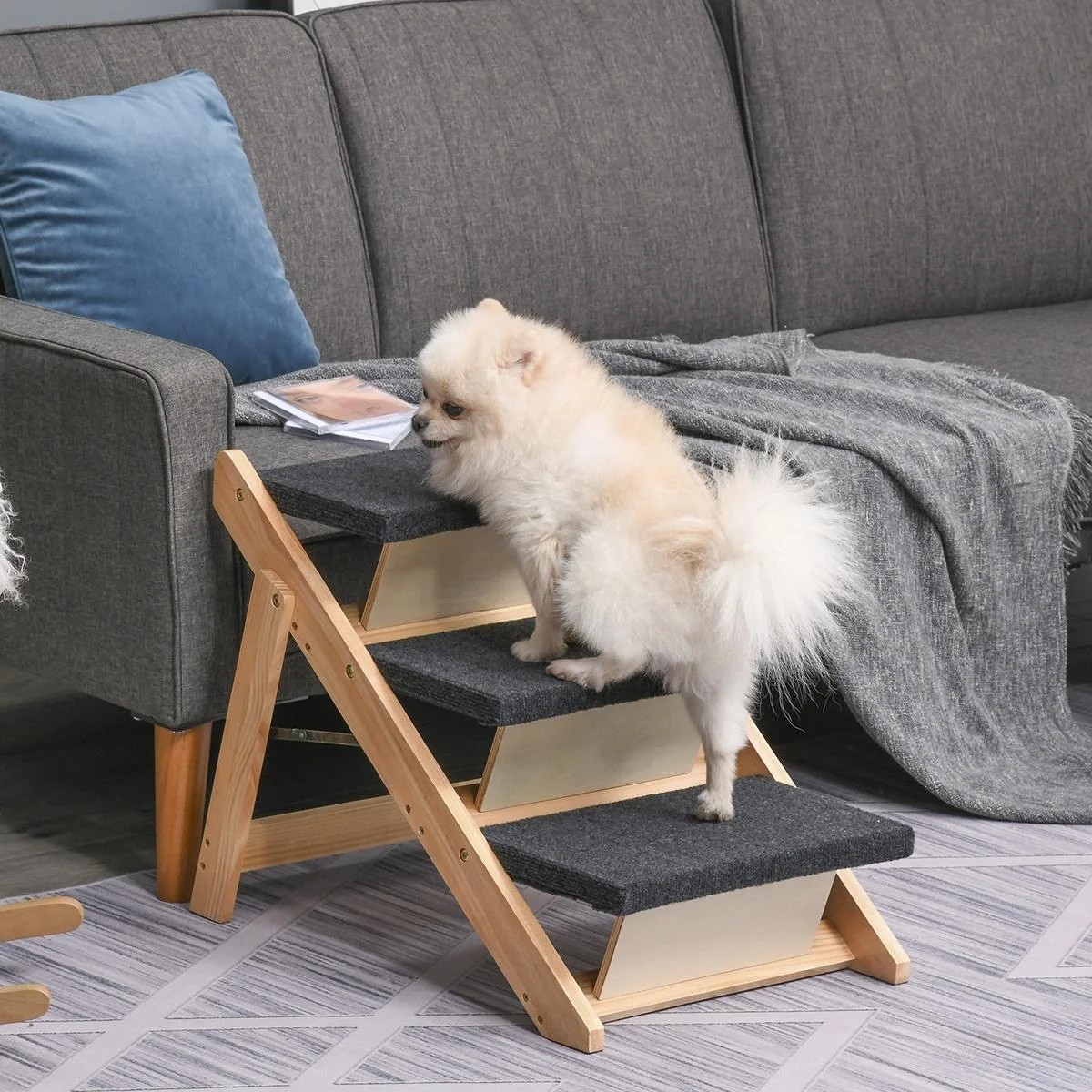 Haustiertreppe 2-in1 Hunderampe Katzentreppe Hundetreppe Faltbar Tiertreppe Kiefernholz Natur+Schwarz 60 x 47 x 50 cm - 4