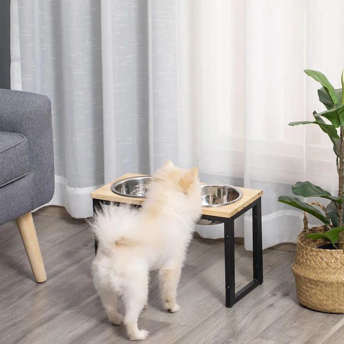 erhöhter Hundenapf Doppelnapf Futternapf mit Stahlnäpfen Haustier Fressnapf Kiefernholz Schwarz 43 x 21 x 27 cm - 4