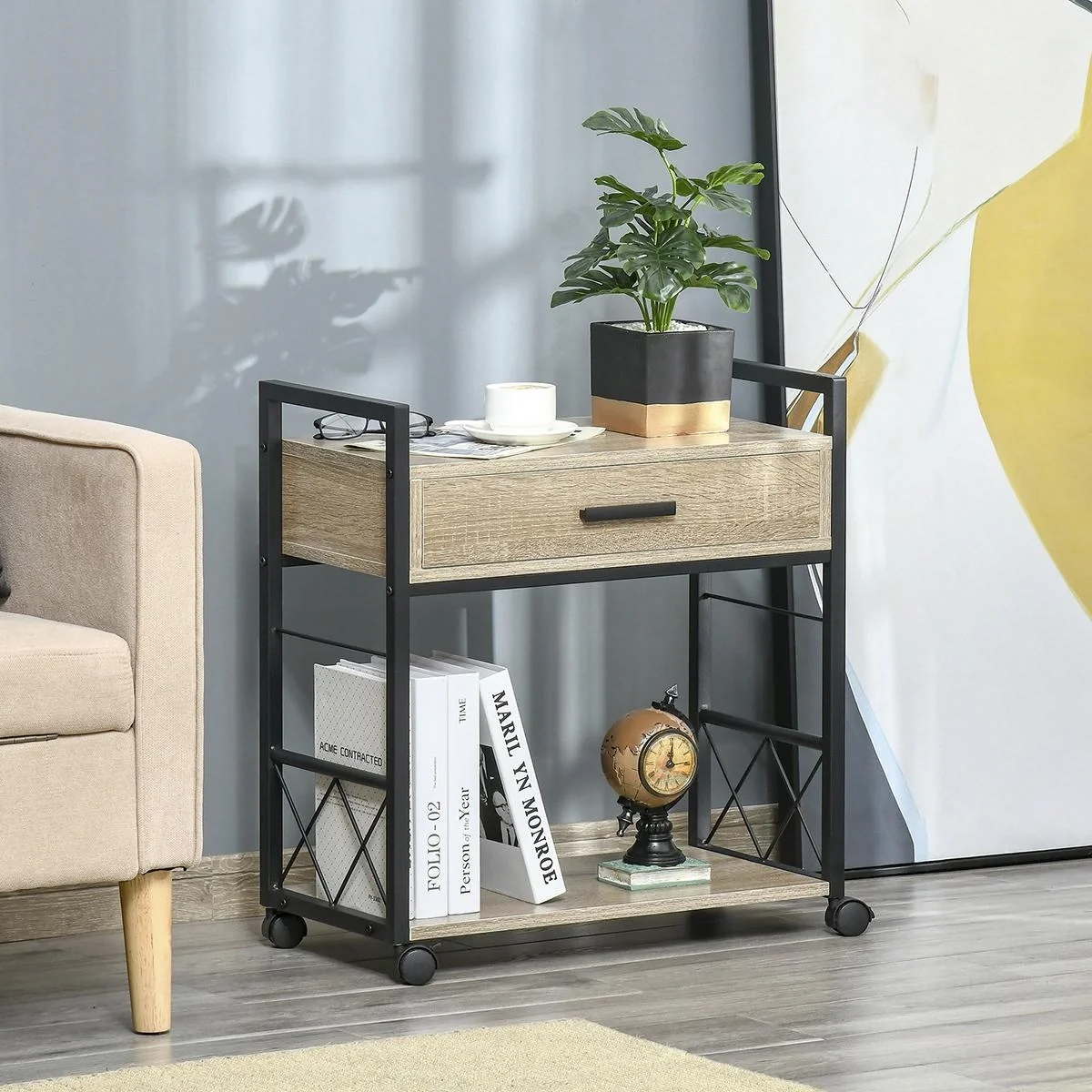 Beistelltisch Servierwagen mit Rädern Küchenwagen Kaffeetisch mit Schublade Ablage Sideboard beweglich Spanplatte Natur - 4