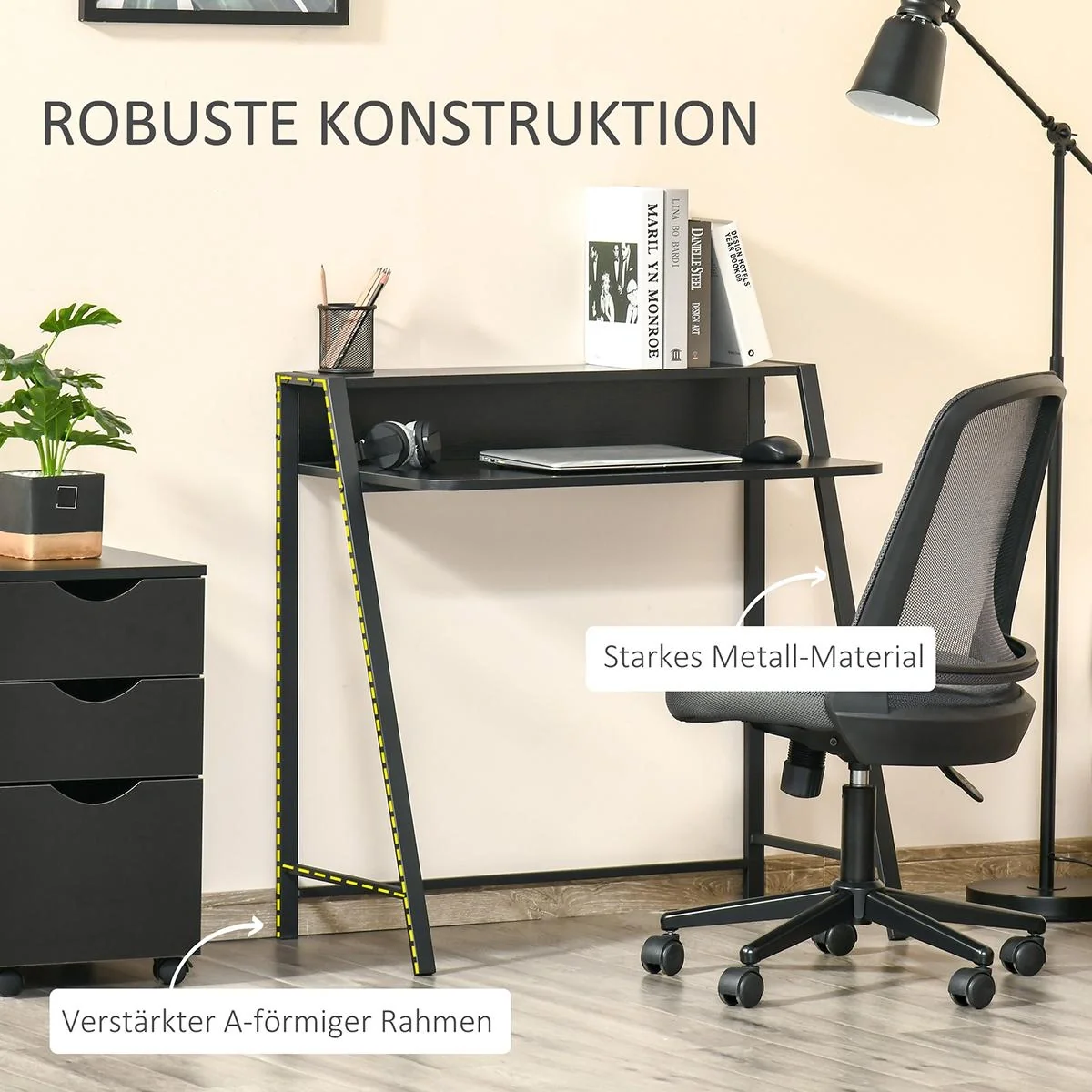 Schreibtisch Computertisch Bürotisch Arbeitstisch mit Ablagefach Kabeldurchlass Metall Schwarz 84 x 45 x 85 cm - 5
