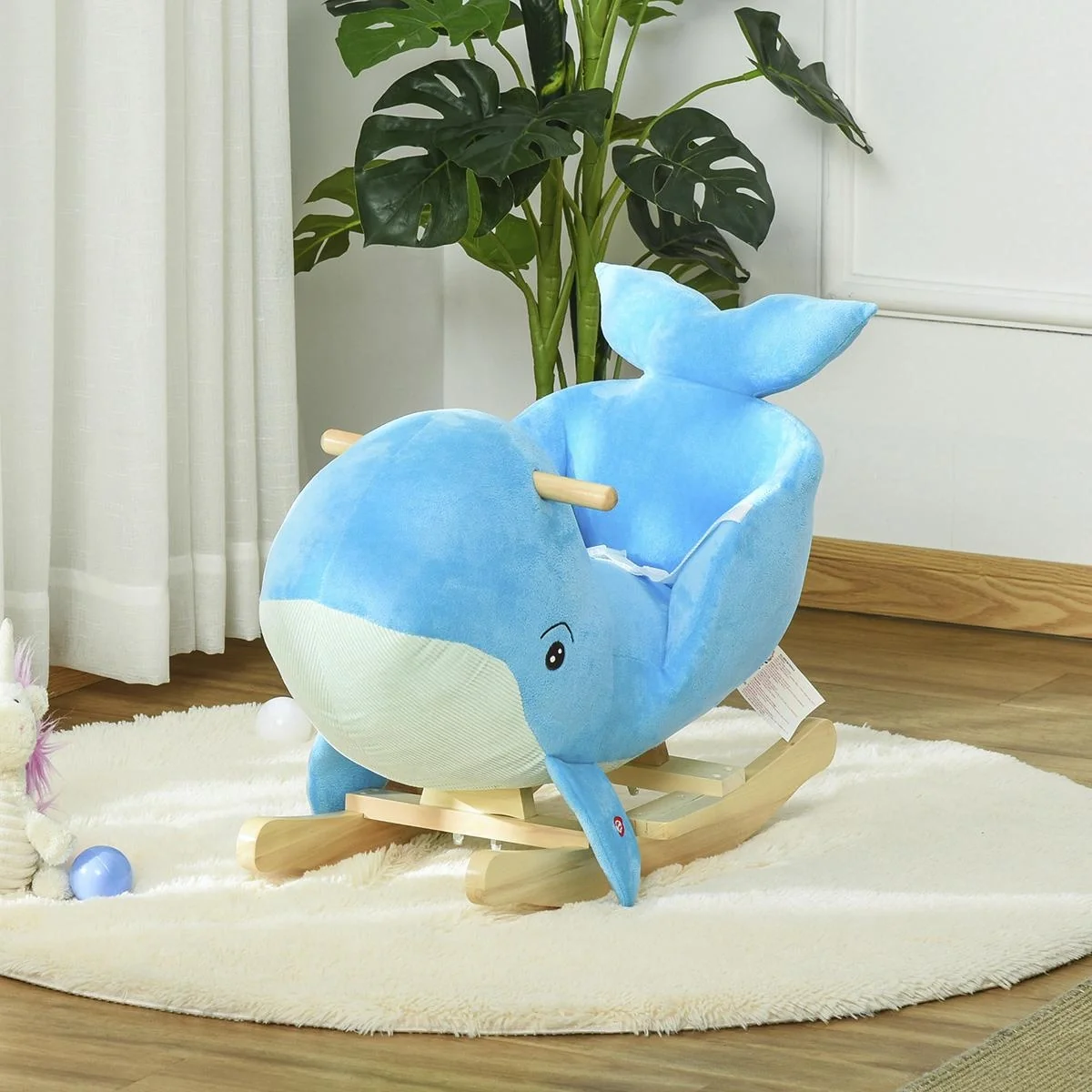 Schaukelpferd mit Wal-Design Sound Plüsch Schaukeltier Babyschaukel Spielzeug für 18-36 Monaten Kinder Pappelholz Blau 6 - 4
