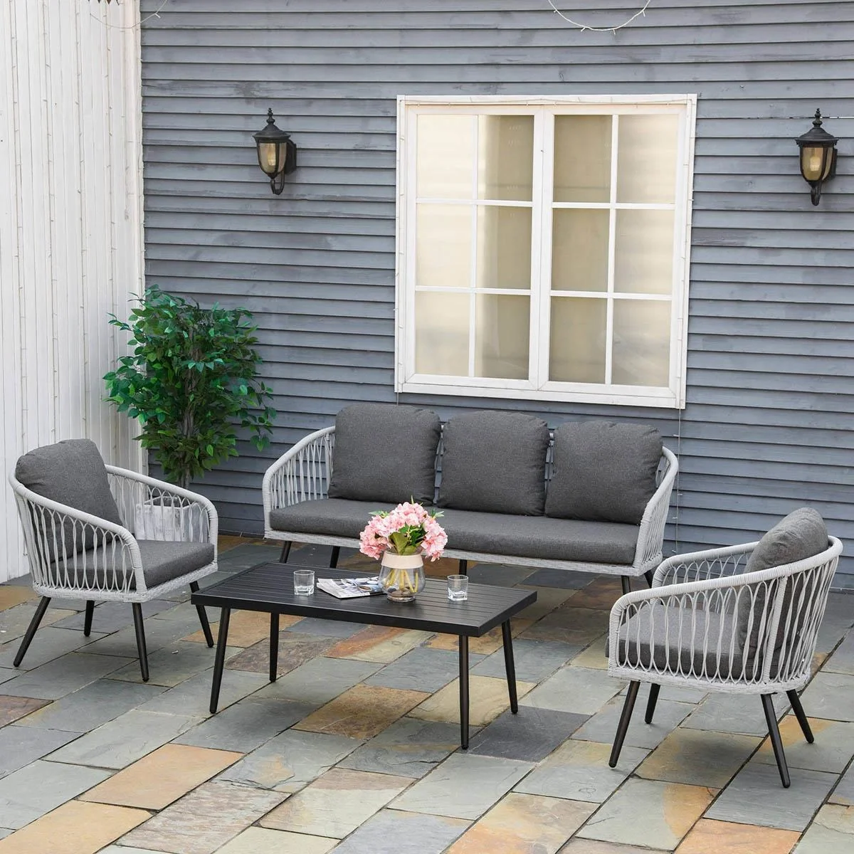 Polyrattan Gartenmöbel Set 4-teiliges Rattensofa-Set Sitzgruppe Sitzgarnitur für Pause Lounge Teetisch mit Sofa Kissen A - 4