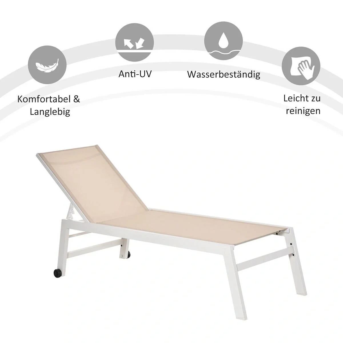 Sonnenliege, Gartenliege, 5-stufige Rückenlehne, Aluminium, Cremeweiß, 169 x 65 x 102 cm - 5