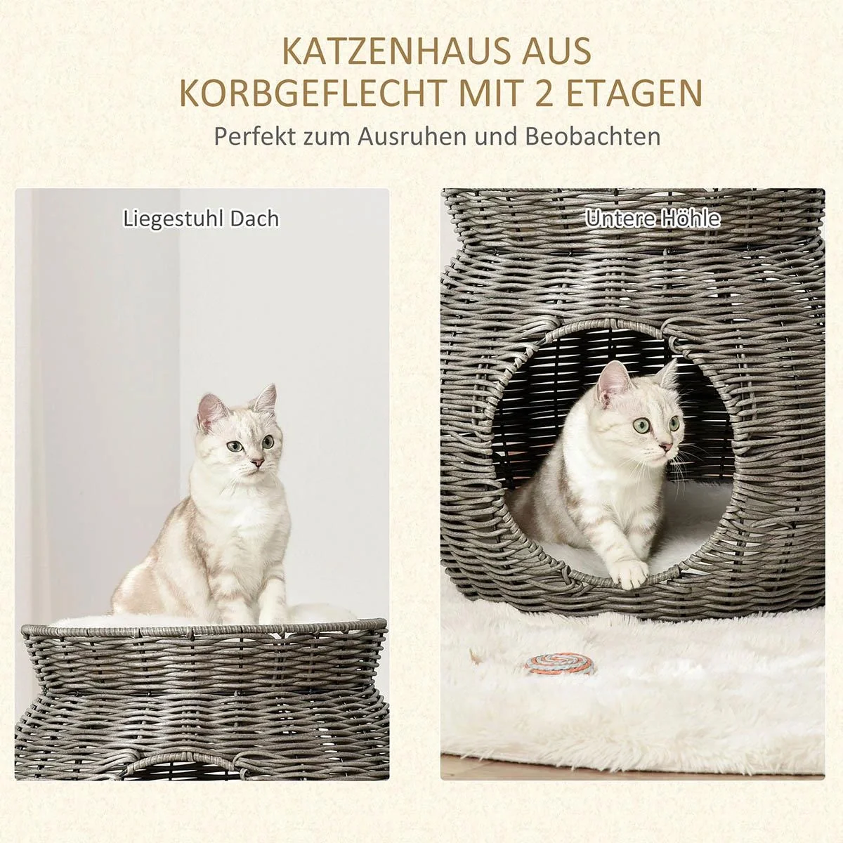 Rattan Katzenkorb zweistöckiges Katzenbett Katzenhöhle Katzenturm mit 2 Kissen Liegedach Dunkelgrau Ø50 x 43,5 cm - 5