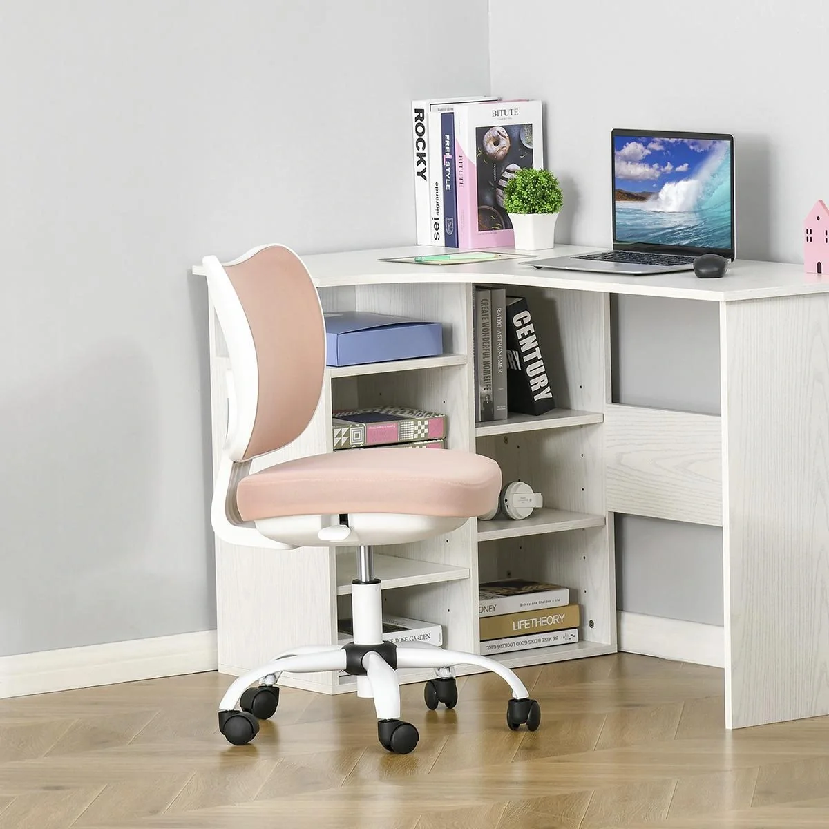 Bürostuhl Drehstuhl Liegefunktion Bürosessel ohne Armlehnen Höhenverstellbar Schaumstoff ABS Metall Weiß+Rosa 46 x 51 x - 4