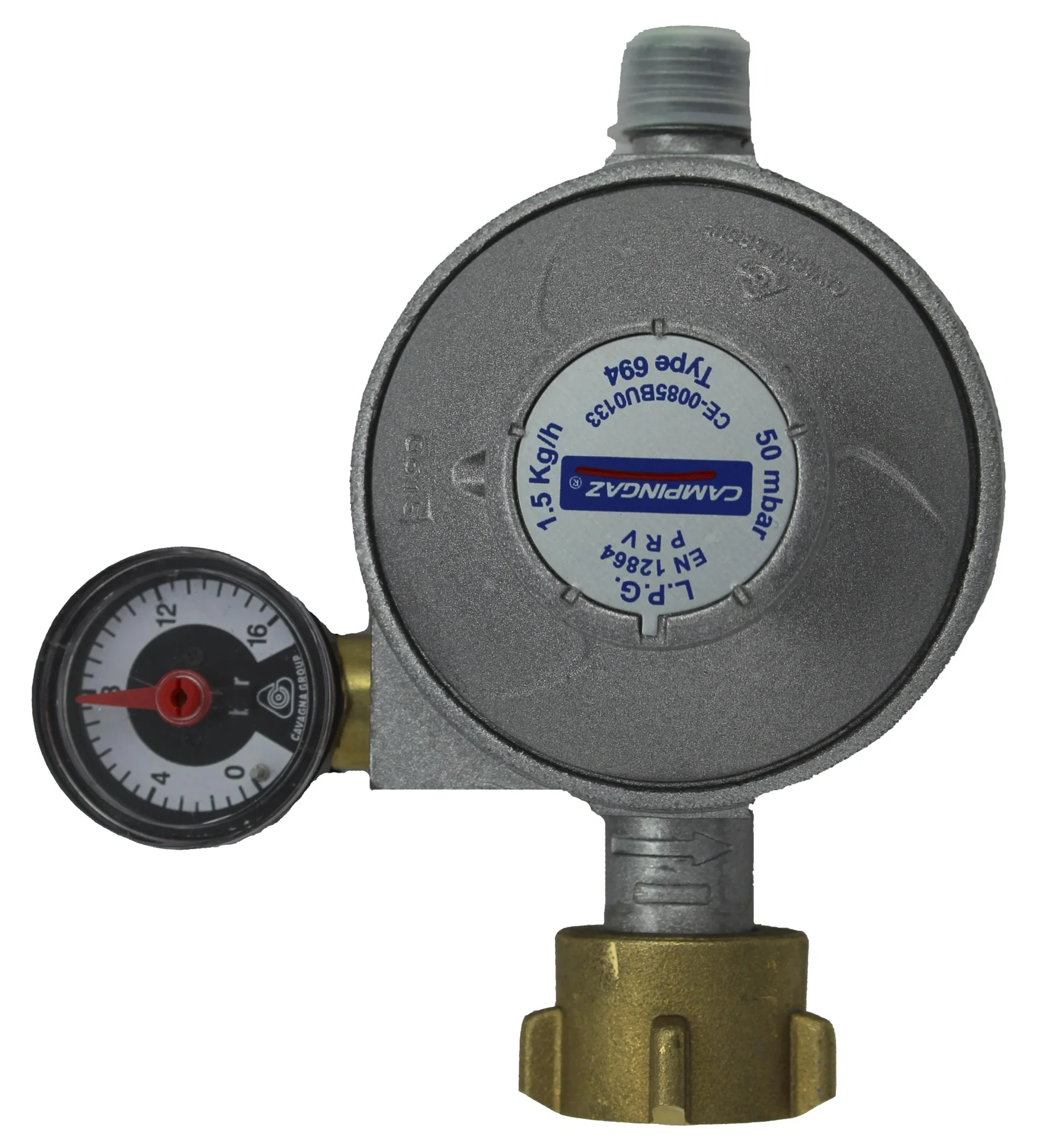 Universal-Sicherheitsregler 50 mbar, für Butan/Propan, 1/4'' Linksgewinde, Durchfluss 1,5 kg/h, mit Manometer - 1