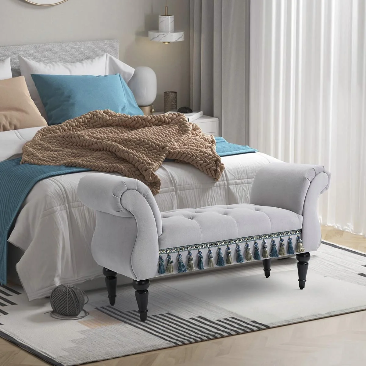 Luxus Sitzbank Polsterbank Hockerbank Polyester Kautschuk Schaumstoff Grau 117 x 40 x 58 cm - 4