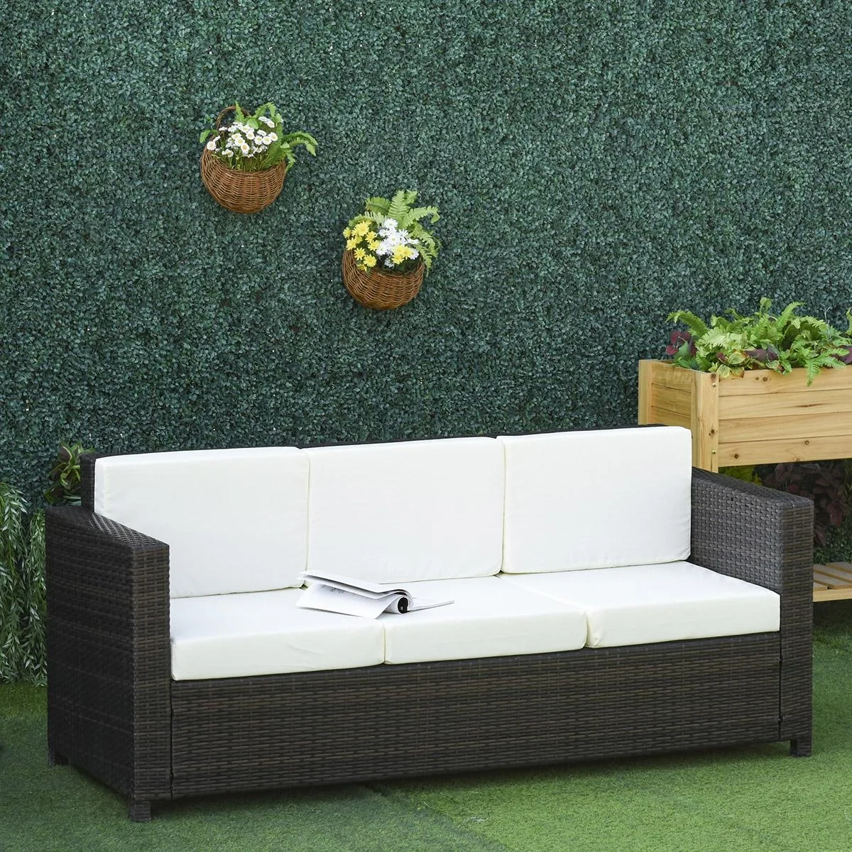 Poly-Rattan Sofa mit Kissen 3-Sitzer Garten Loungesofa Metall Polyester Braun+Weiß 185 x 70 x 80 cm - 4