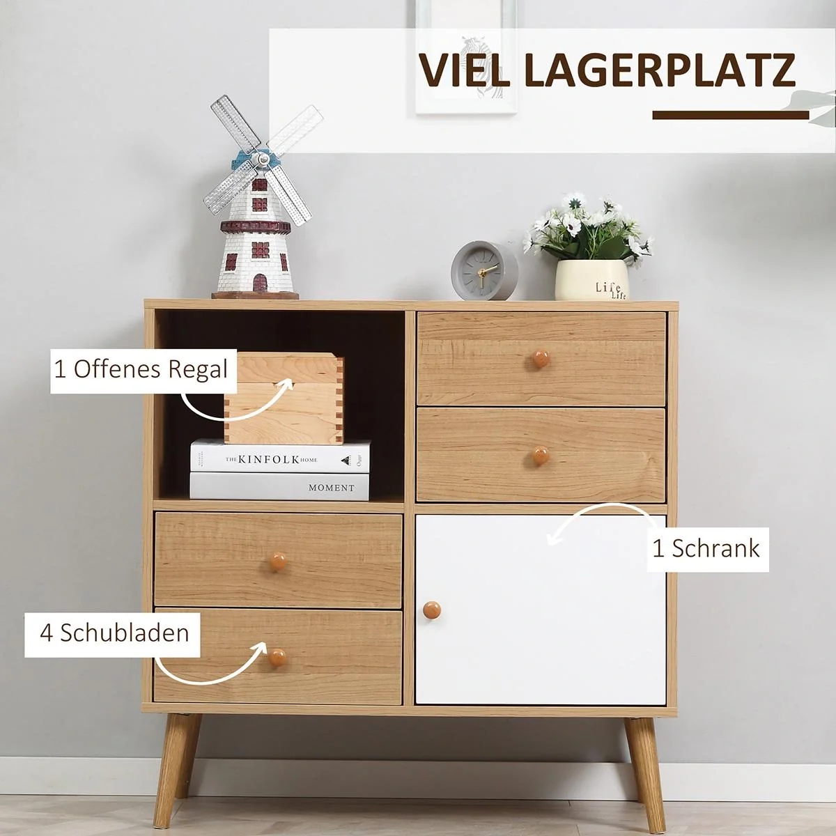 Sideboard Küchenschrank Kommode mit 1 offenen Fächern 4 Schubladen Skandi-Design Natur+Weiß 80 x 39 x 80 cm - 5