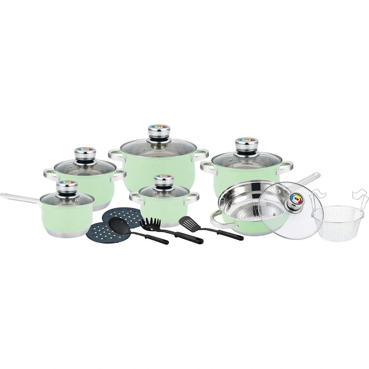 Herenthal - Komplettes 18-teiliges Kochgeschirr-Set - Edelstahl - Grün - 1